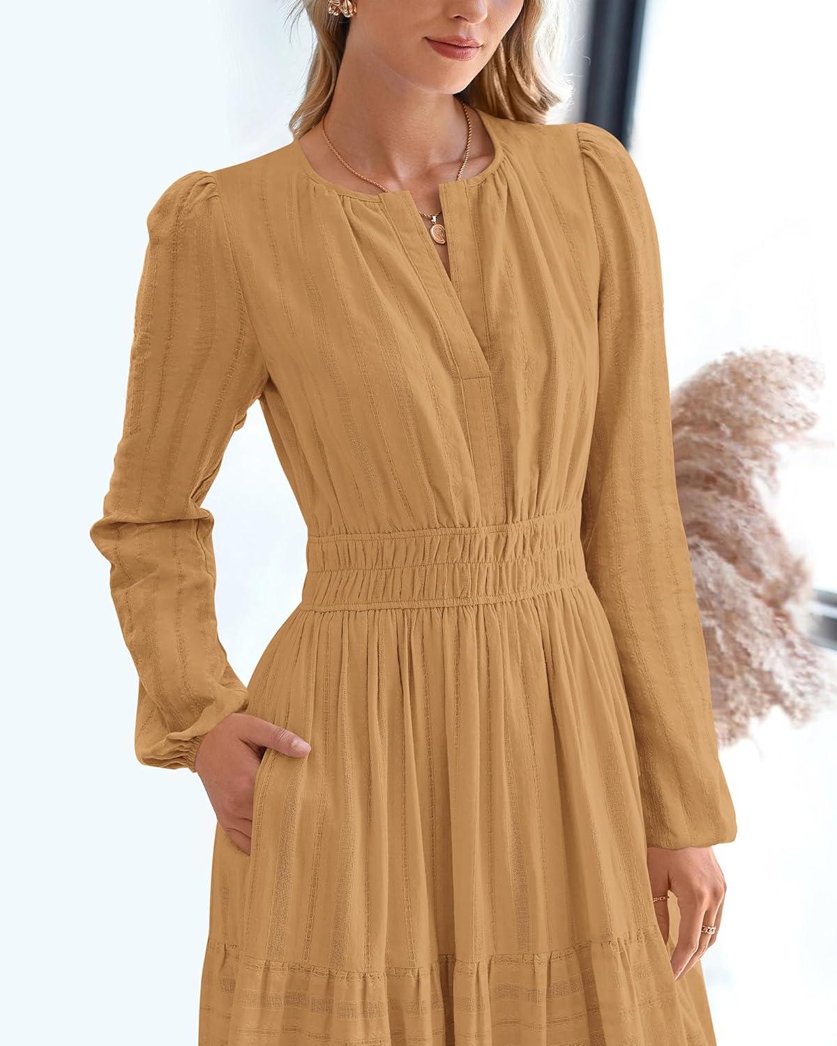 imageBTFBM Spring Dresses for Women 2026 Casual Long Sleeve V Neck Elastic Waist Lightweight Maxi Wedding Guest Dress PocketsKhaki