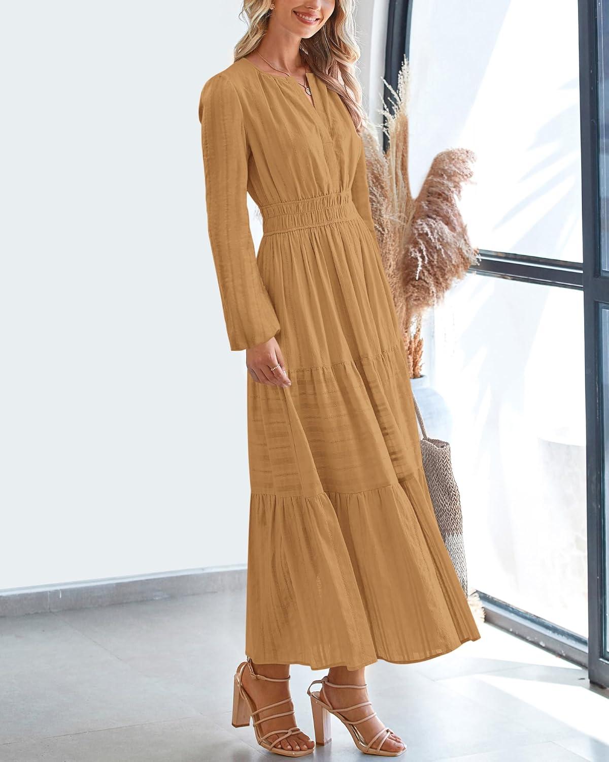 imageBTFBM Spring Dresses for Women 2026 Casual Long Sleeve V Neck Elastic Waist Lightweight Maxi Wedding Guest Dress PocketsKhaki