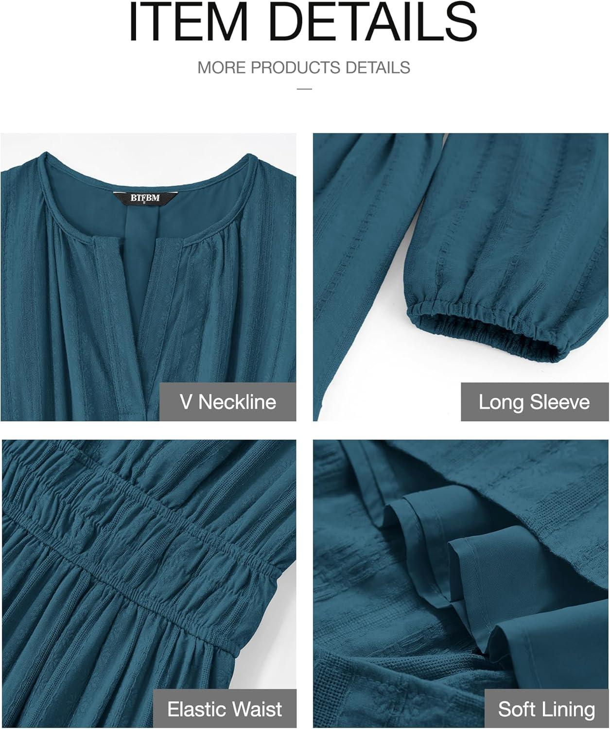 imageBTFBM Spring Dresses for Women 2026 Casual Long Sleeve V Neck Elastic Waist Lightweight Maxi Wedding Guest Dress PocketsLake Blue