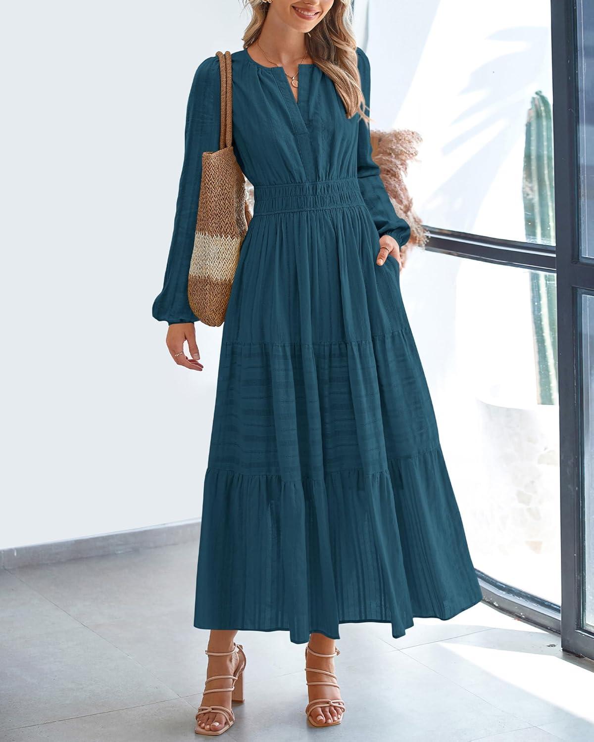 imageBTFBM Spring Dresses for Women 2026 Casual Long Sleeve V Neck Elastic Waist Lightweight Maxi Wedding Guest Dress PocketsLake Blue