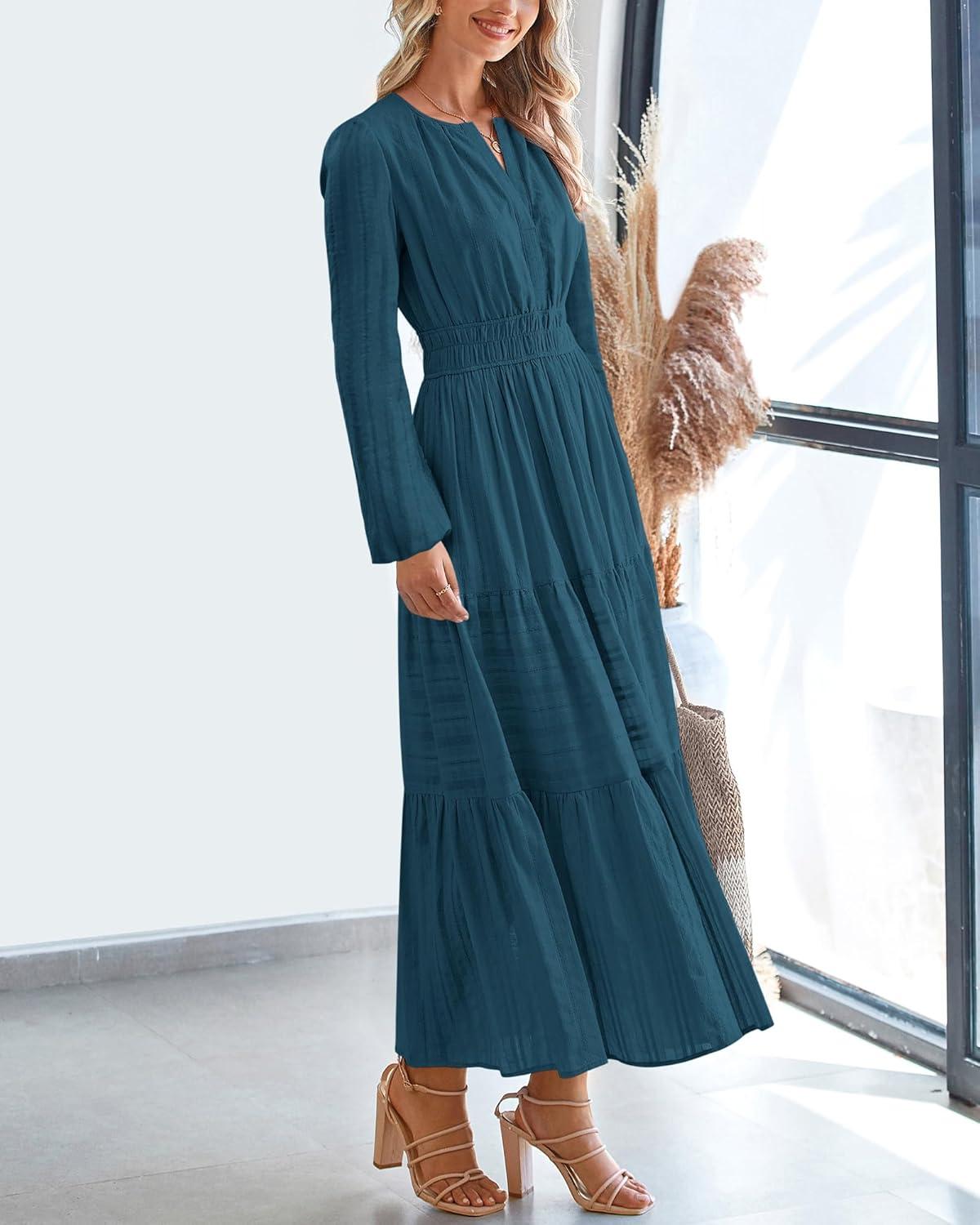 imageBTFBM Spring Dresses for Women 2026 Casual Long Sleeve V Neck Elastic Waist Lightweight Maxi Wedding Guest Dress PocketsLake Blue