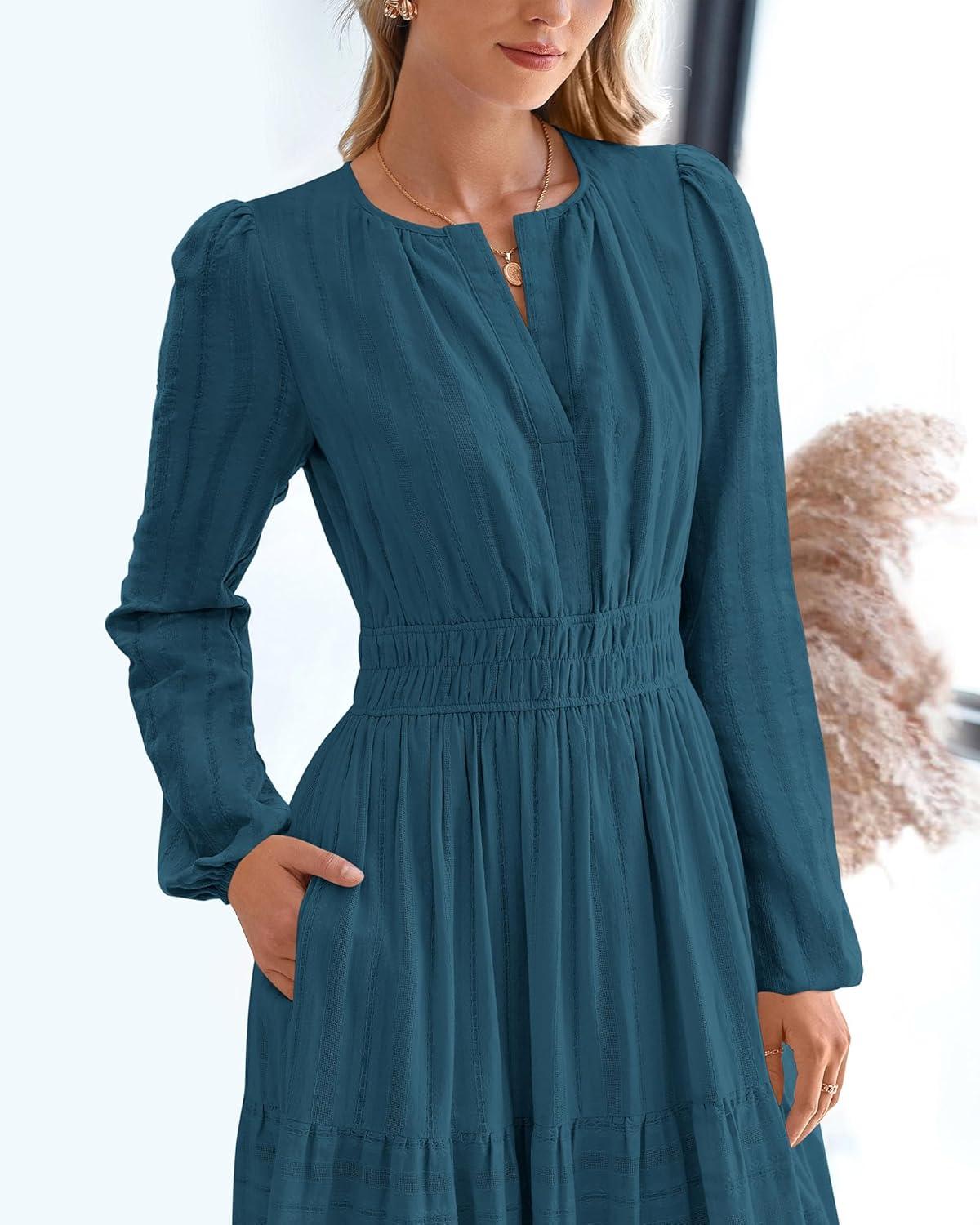 imageBTFBM Spring Dresses for Women 2026 Casual Long Sleeve V Neck Elastic Waist Lightweight Maxi Wedding Guest Dress PocketsLake Blue
