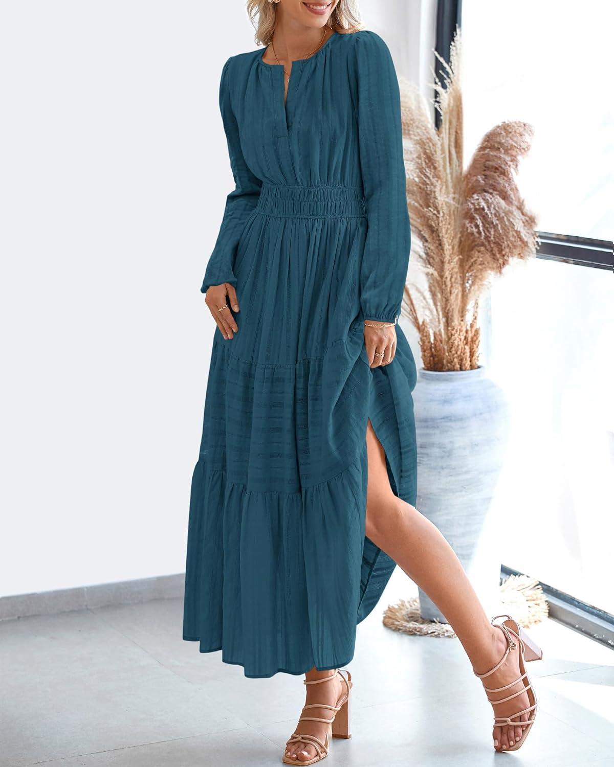 imageBTFBM Spring Dresses for Women 2026 Casual Long Sleeve V Neck Elastic Waist Lightweight Maxi Wedding Guest Dress PocketsLake Blue
