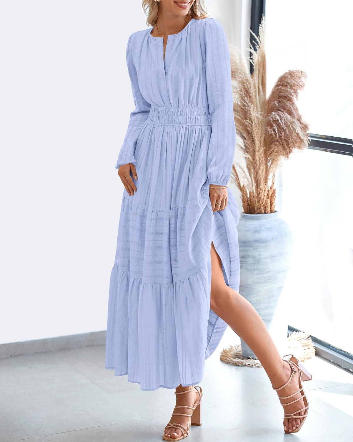 imageBTFBM Spring Dresses for Women 2026 Casual Long Sleeve V Neck Elastic Waist Lightweight Maxi Wedding Guest Dress PocketsLight Blue