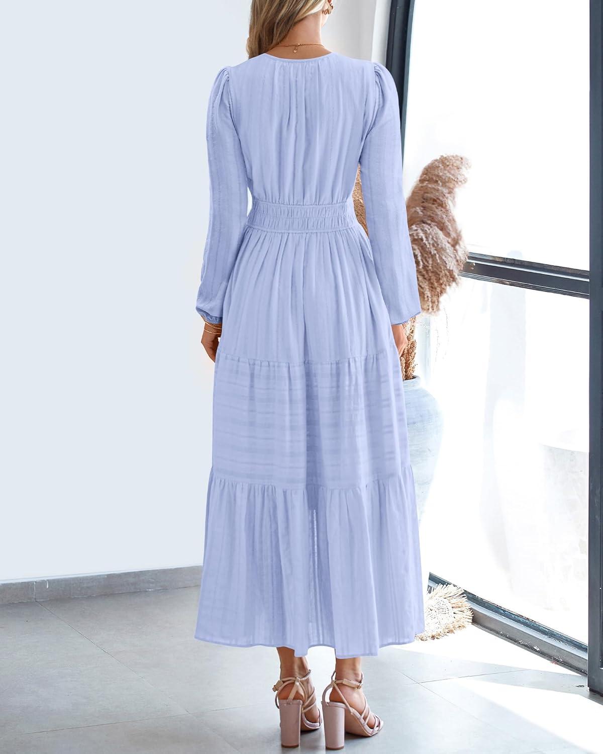 imageBTFBM Spring Dresses for Women 2026 Casual Long Sleeve V Neck Elastic Waist Lightweight Maxi Wedding Guest Dress PocketsLight Blue