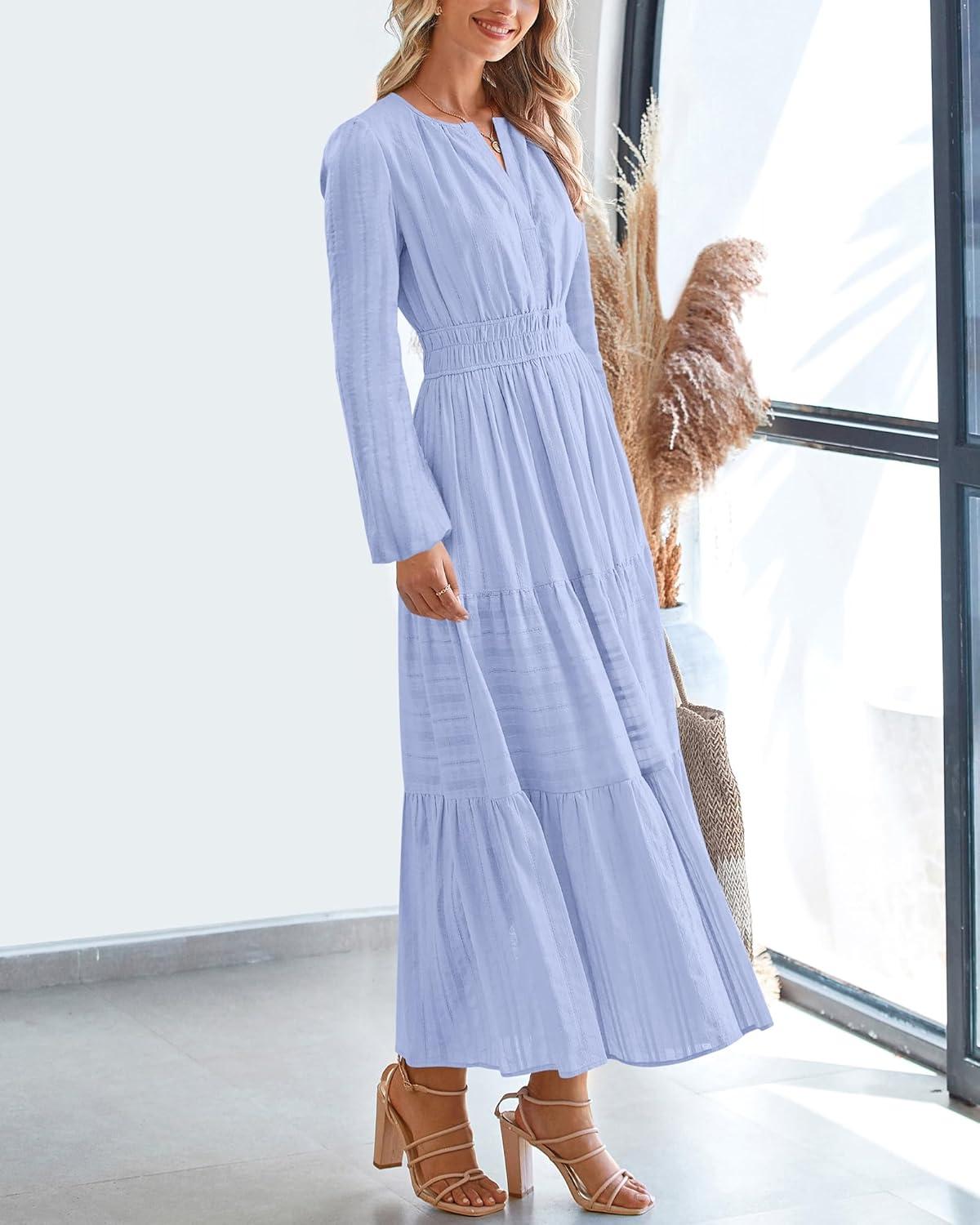 imageBTFBM Spring Dresses for Women 2026 Casual Long Sleeve V Neck Elastic Waist Lightweight Maxi Wedding Guest Dress PocketsLight Blue