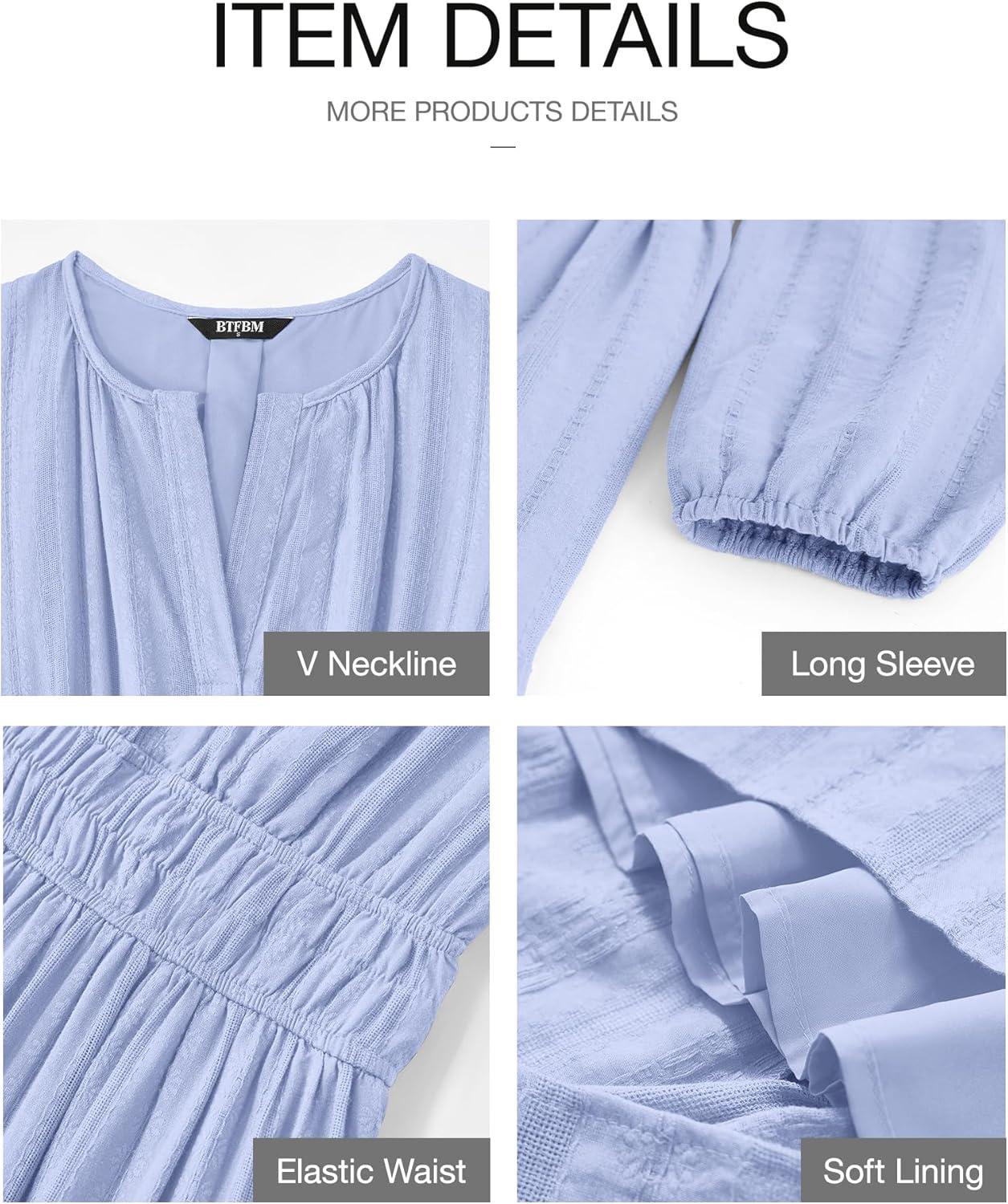 imageBTFBM Spring Dresses for Women 2026 Casual Long Sleeve V Neck Elastic Waist Lightweight Maxi Wedding Guest Dress PocketsLight Blue