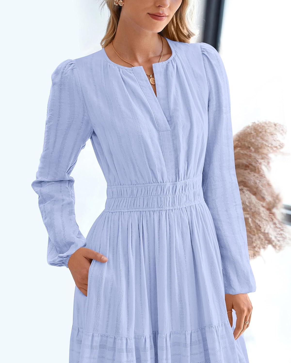 imageBTFBM Spring Dresses for Women 2026 Casual Long Sleeve V Neck Elastic Waist Lightweight Maxi Wedding Guest Dress PocketsLight Blue
