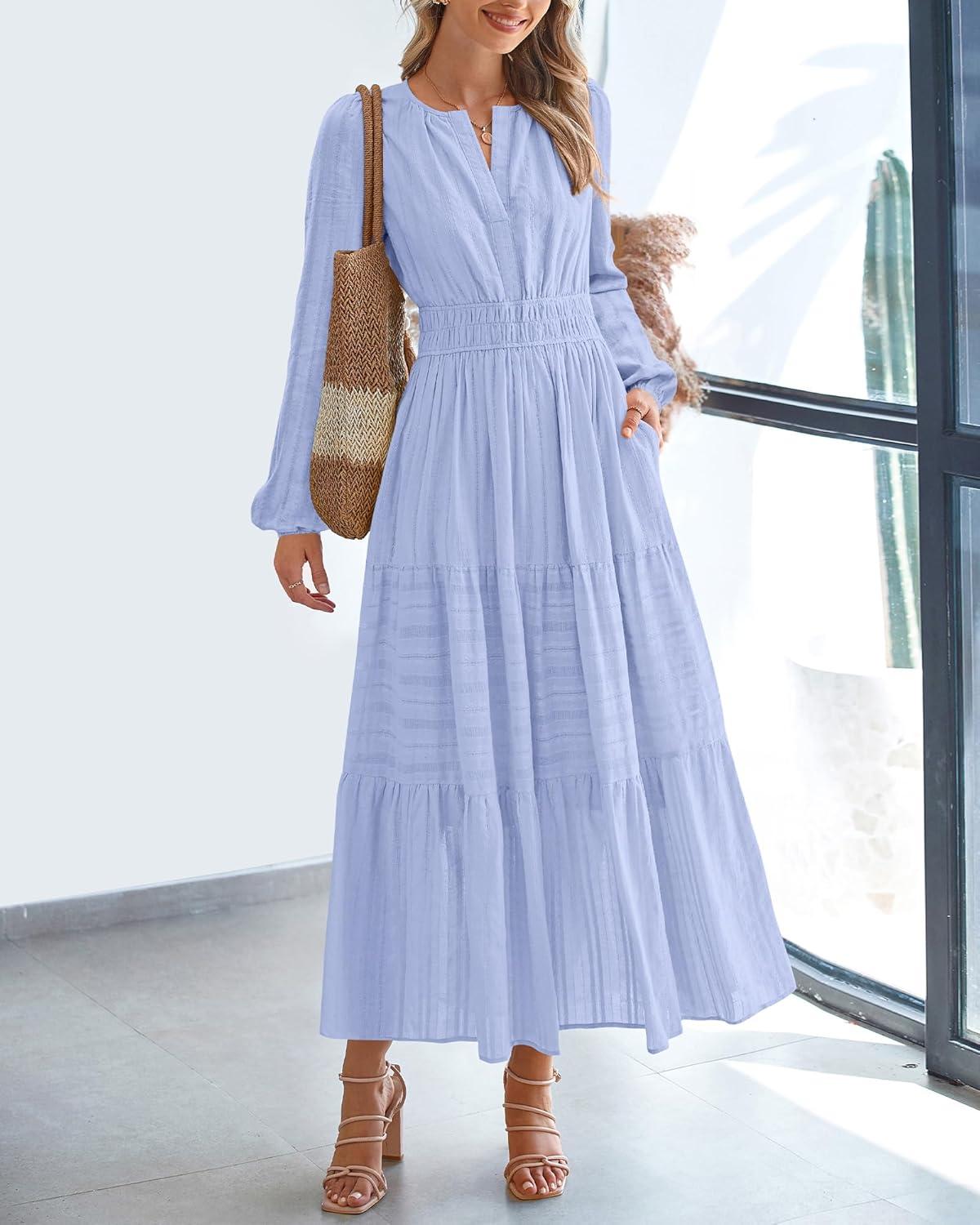 imageBTFBM Spring Dresses for Women 2026 Casual Long Sleeve V Neck Elastic Waist Lightweight Maxi Wedding Guest Dress PocketsLight Blue