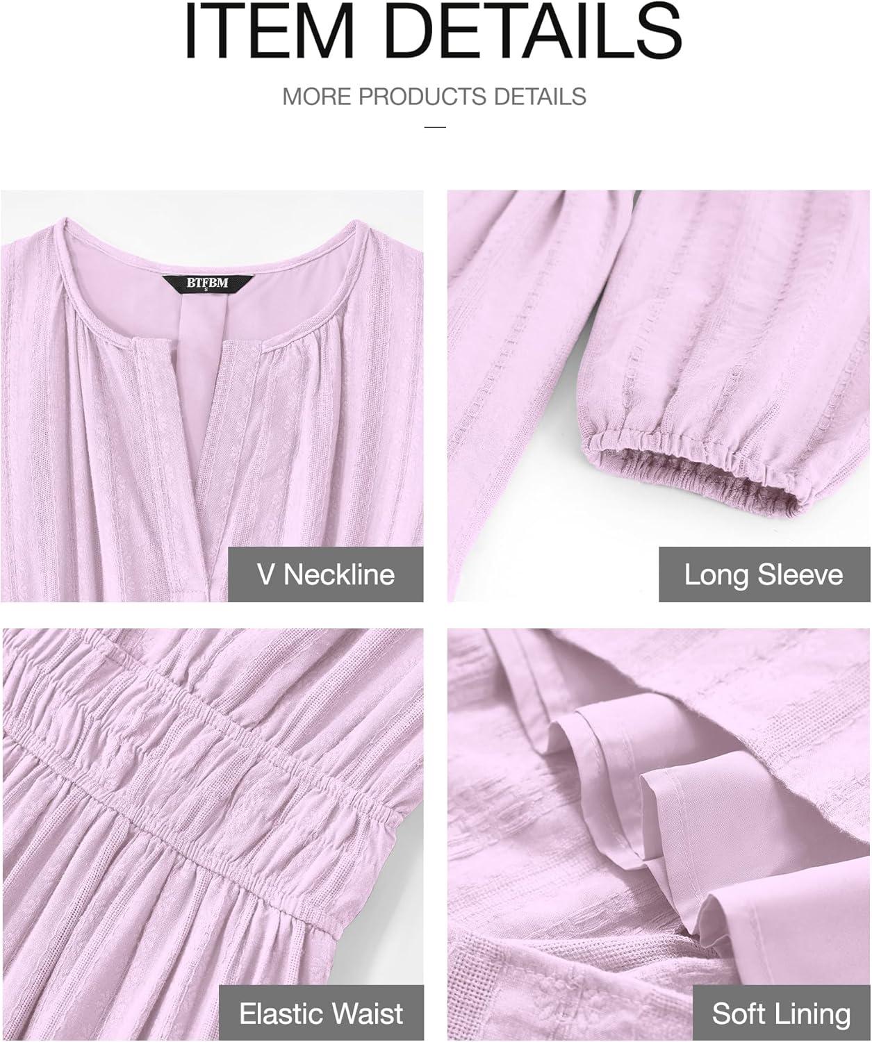 imageBTFBM Spring Dresses for Women 2026 Casual Long Sleeve V Neck Elastic Waist Lightweight Maxi Wedding Guest Dress PocketsLight Pink Purple