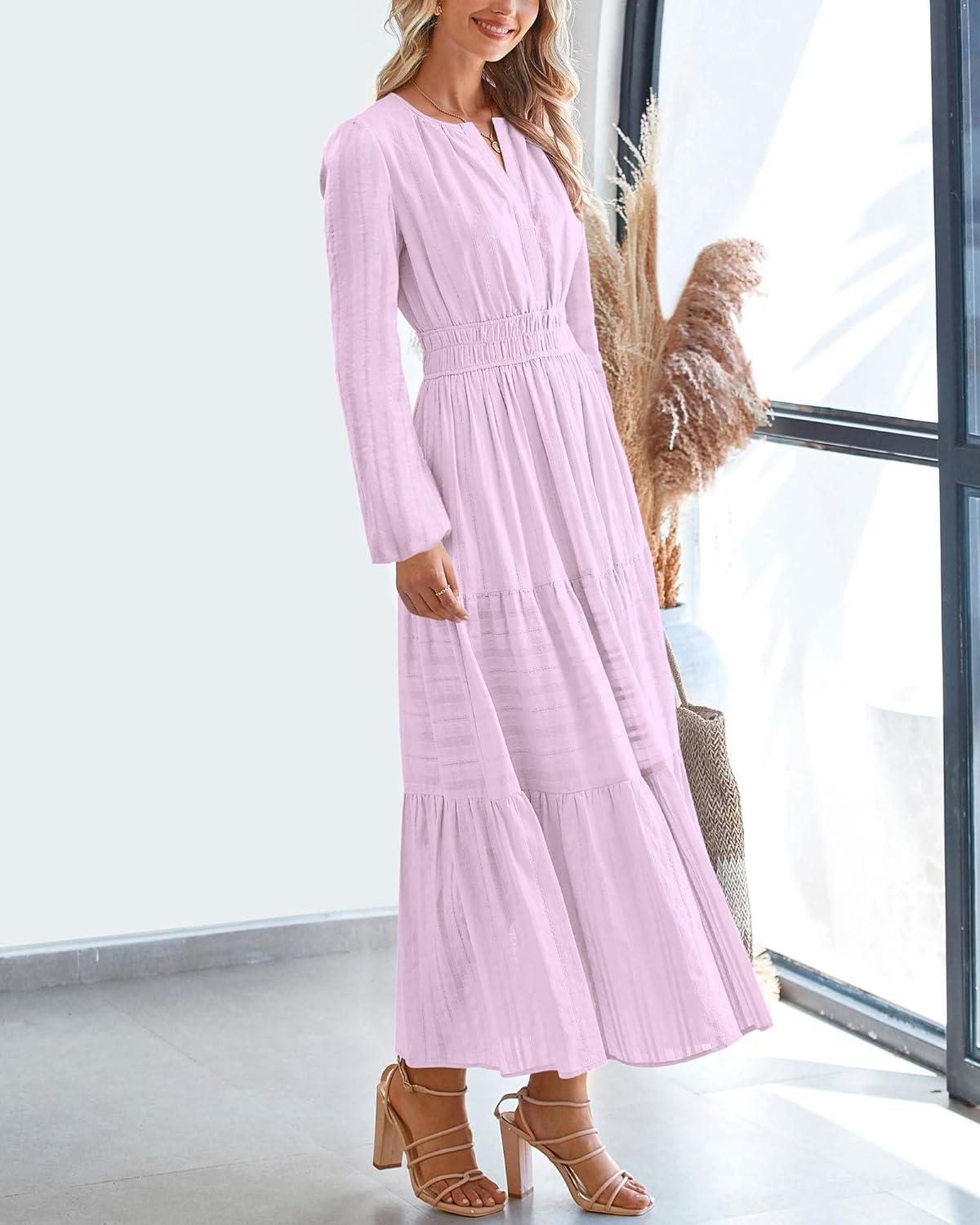 imageBTFBM Spring Dresses for Women 2026 Casual Long Sleeve V Neck Elastic Waist Lightweight Maxi Wedding Guest Dress PocketsLight Pink Purple