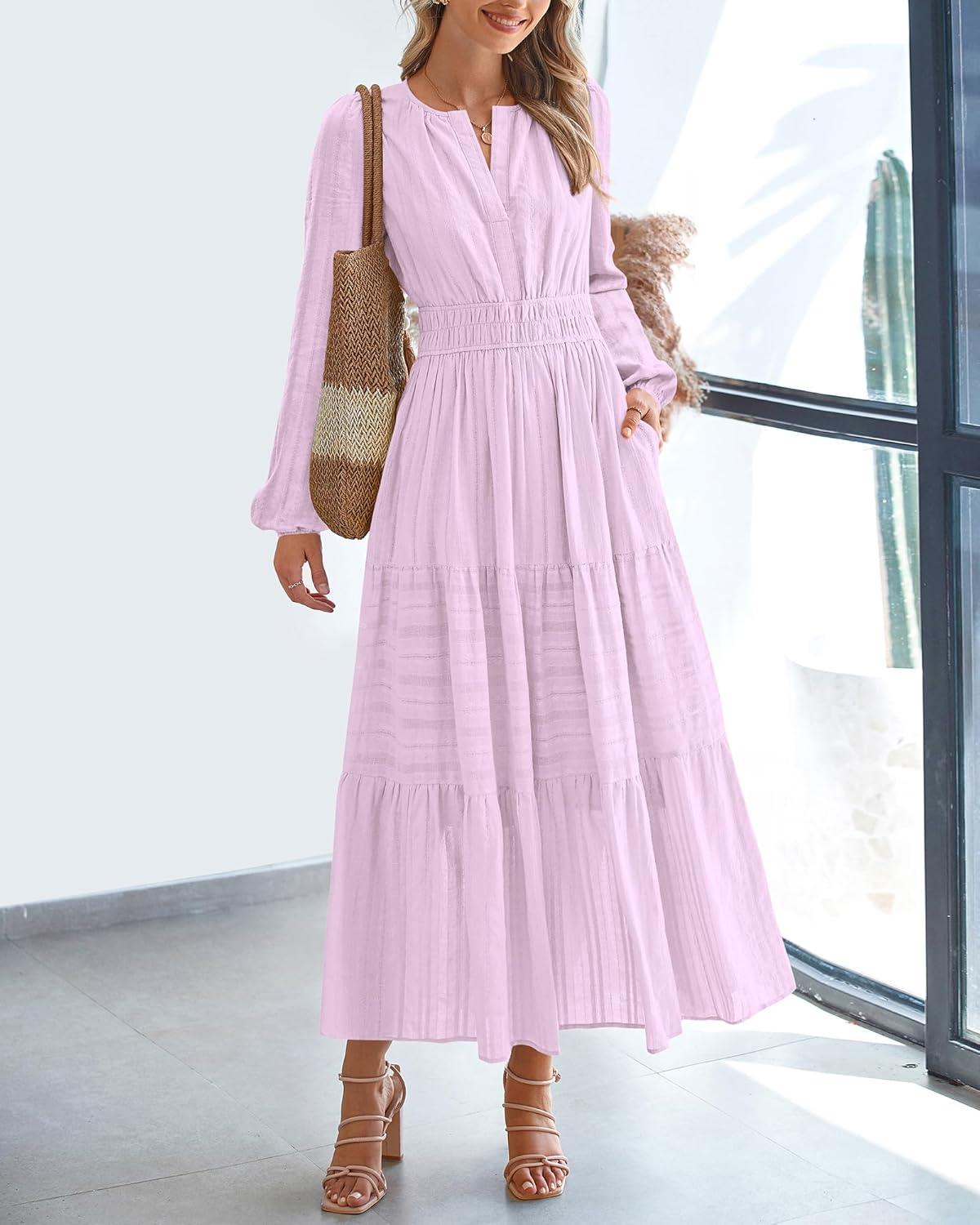 imageBTFBM Spring Dresses for Women 2026 Casual Long Sleeve V Neck Elastic Waist Lightweight Maxi Wedding Guest Dress PocketsLight Pink Purple