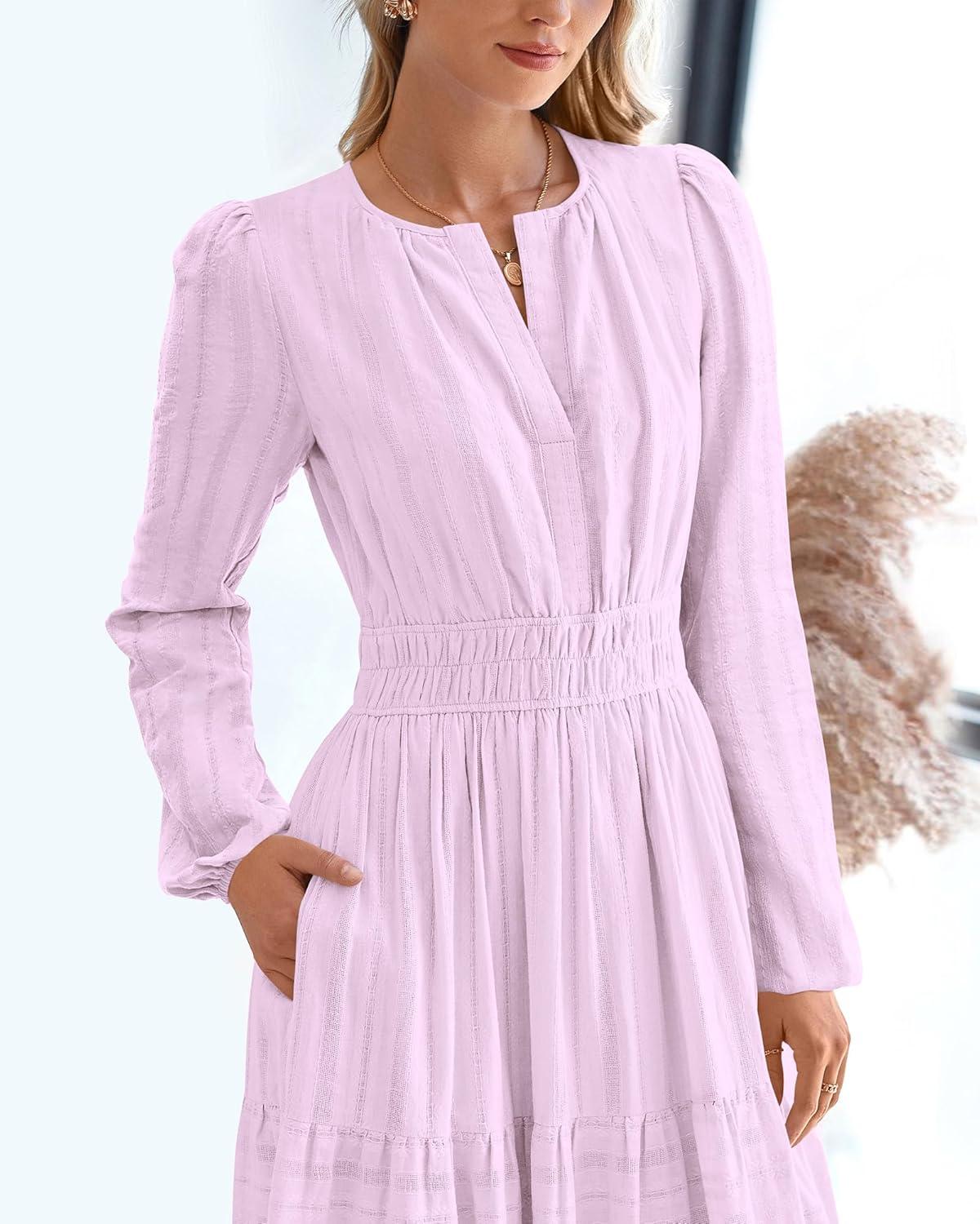 imageBTFBM Spring Dresses for Women 2026 Casual Long Sleeve V Neck Elastic Waist Lightweight Maxi Wedding Guest Dress PocketsLight Pink Purple