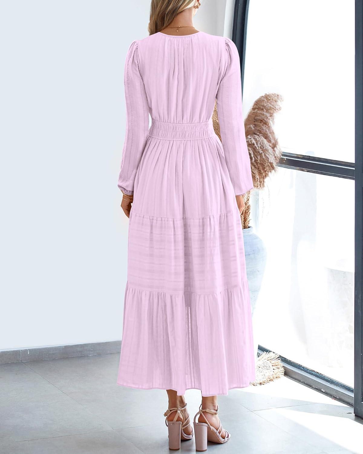 imageBTFBM Spring Dresses for Women 2026 Casual Long Sleeve V Neck Elastic Waist Lightweight Maxi Wedding Guest Dress PocketsLight Pink Purple