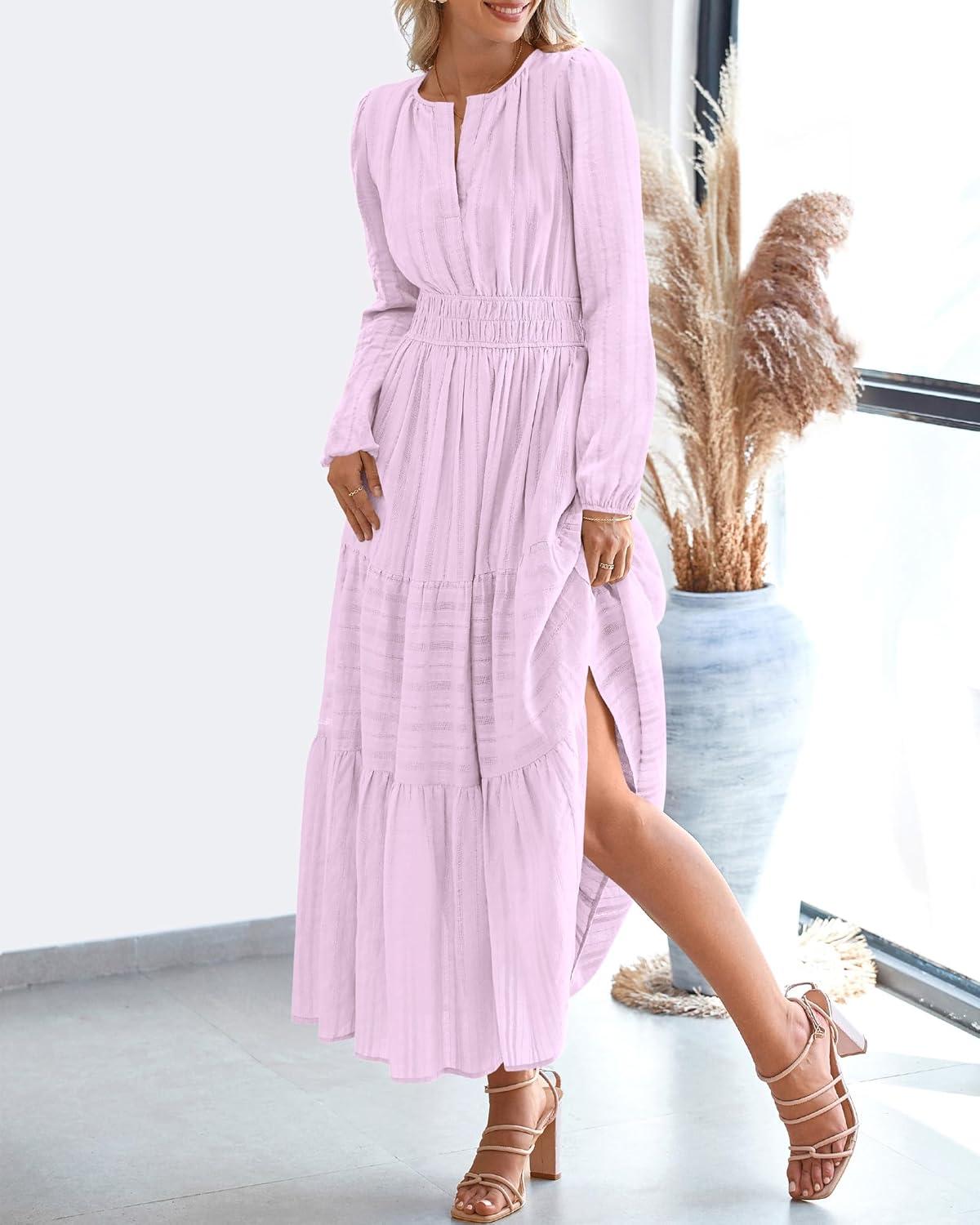 imageBTFBM Spring Dresses for Women 2026 Casual Long Sleeve V Neck Elastic Waist Lightweight Maxi Wedding Guest Dress PocketsLight Pink Purple