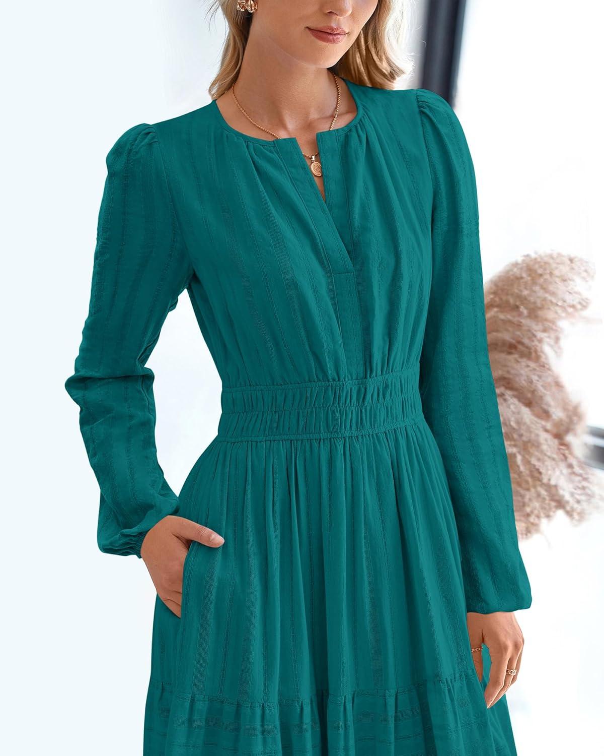 imageBTFBM Spring Dresses for Women 2026 Casual Long Sleeve V Neck Elastic Waist Lightweight Maxi Wedding Guest Dress PocketsMalachite Green