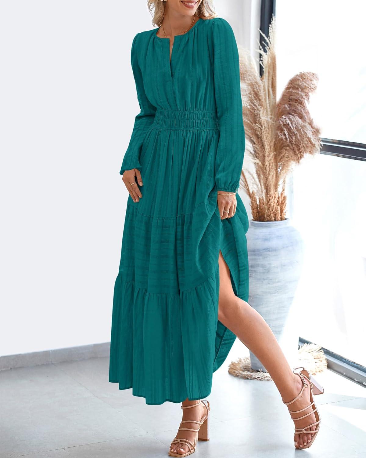imageBTFBM Spring Dresses for Women 2026 Casual Long Sleeve V Neck Elastic Waist Lightweight Maxi Wedding Guest Dress PocketsMalachite Green
