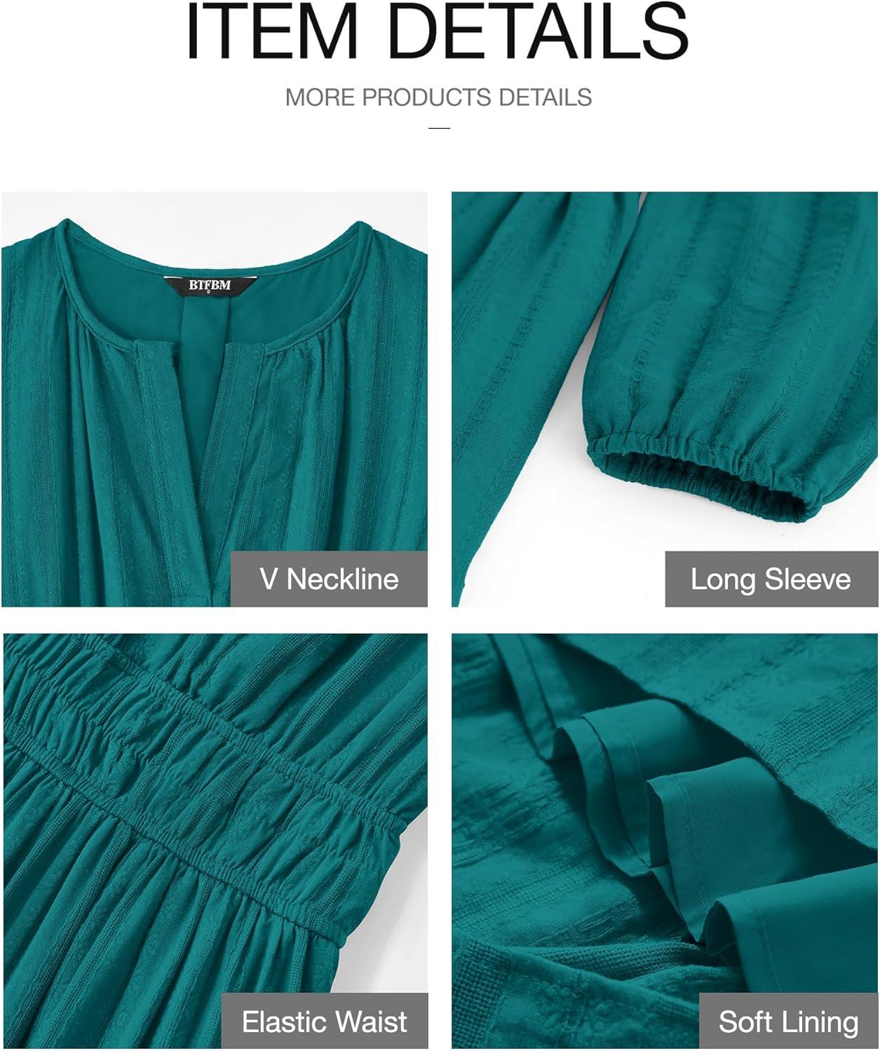 imageBTFBM Spring Dresses for Women 2026 Casual Long Sleeve V Neck Elastic Waist Lightweight Maxi Wedding Guest Dress PocketsMalachite Green