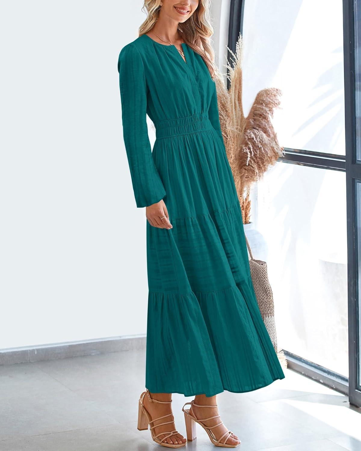 imageBTFBM Spring Dresses for Women 2026 Casual Long Sleeve V Neck Elastic Waist Lightweight Maxi Wedding Guest Dress PocketsMalachite Green