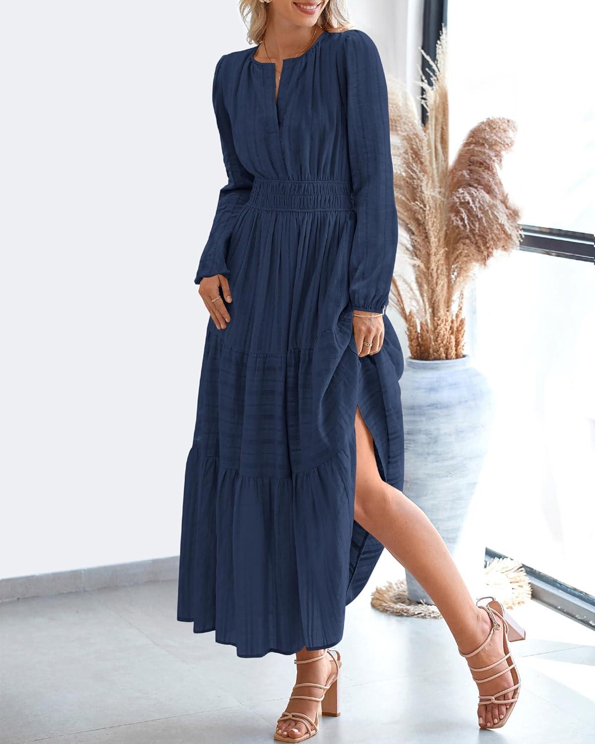 imageBTFBM Spring Dresses for Women 2026 Casual Long Sleeve V Neck Elastic Waist Lightweight Maxi Wedding Guest Dress PocketsNavy