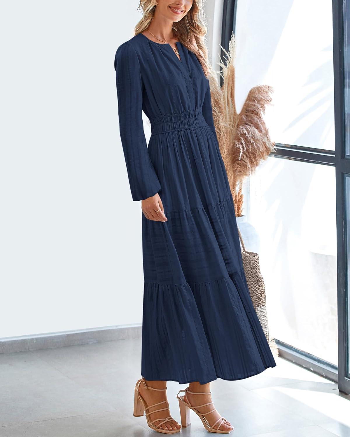 imageBTFBM Spring Dresses for Women 2026 Casual Long Sleeve V Neck Elastic Waist Lightweight Maxi Wedding Guest Dress PocketsNavy