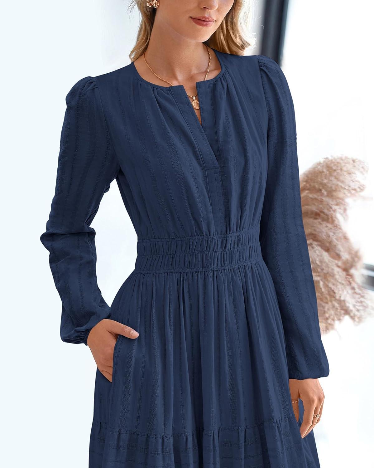 imageBTFBM Spring Dresses for Women 2026 Casual Long Sleeve V Neck Elastic Waist Lightweight Maxi Wedding Guest Dress PocketsNavy