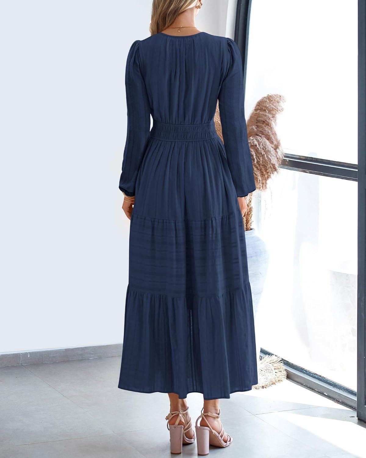 imageBTFBM Spring Dresses for Women 2026 Casual Long Sleeve V Neck Elastic Waist Lightweight Maxi Wedding Guest Dress PocketsNavy