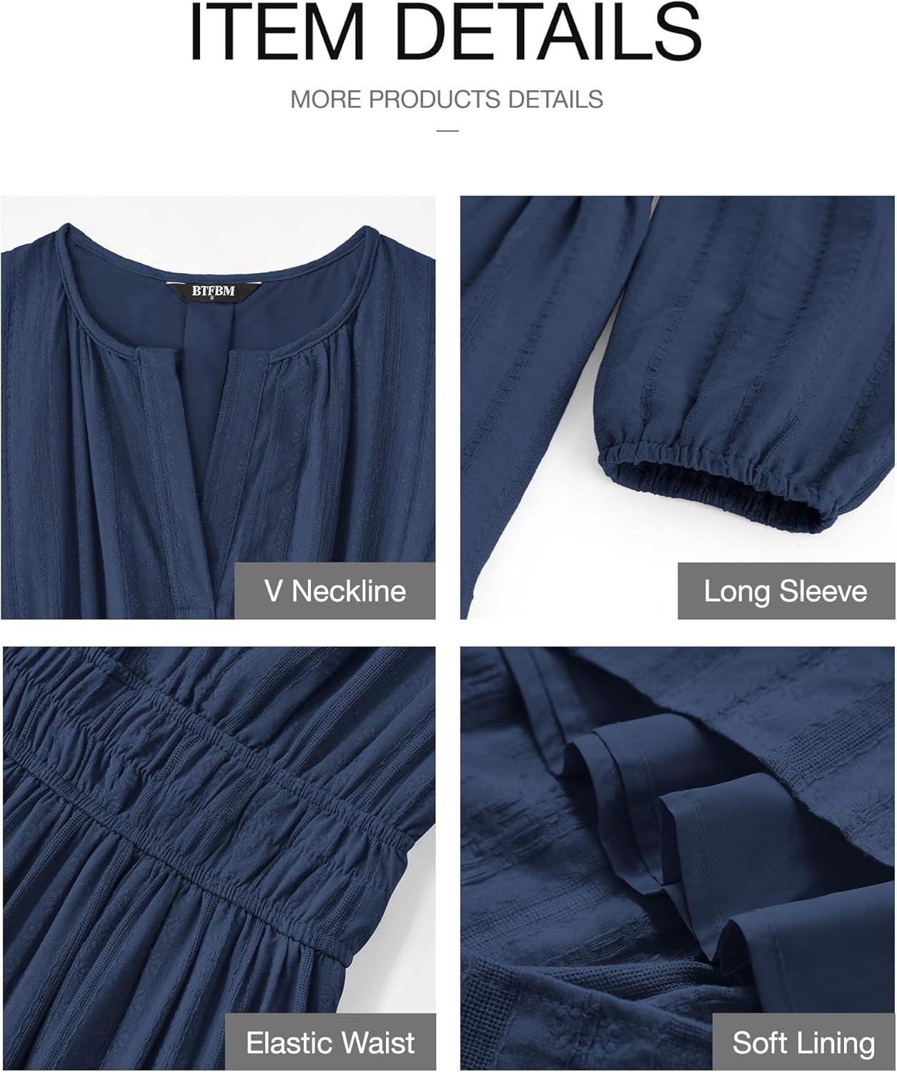 imageBTFBM Spring Dresses for Women 2026 Casual Long Sleeve V Neck Elastic Waist Lightweight Maxi Wedding Guest Dress PocketsNavy