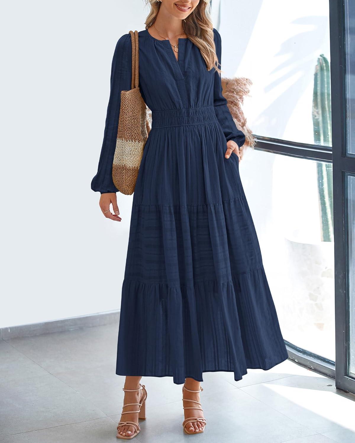 imageBTFBM Spring Dresses for Women 2026 Casual Long Sleeve V Neck Elastic Waist Lightweight Maxi Wedding Guest Dress PocketsNavy