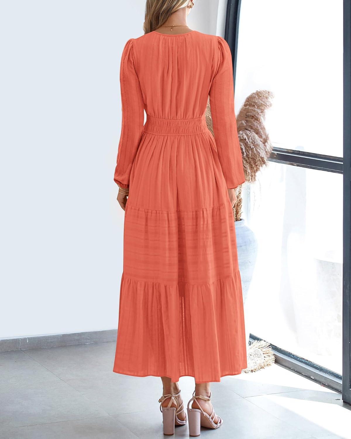 imageBTFBM Spring Dresses for Women 2026 Casual Long Sleeve V Neck Elastic Waist Lightweight Maxi Wedding Guest Dress PocketsOrange