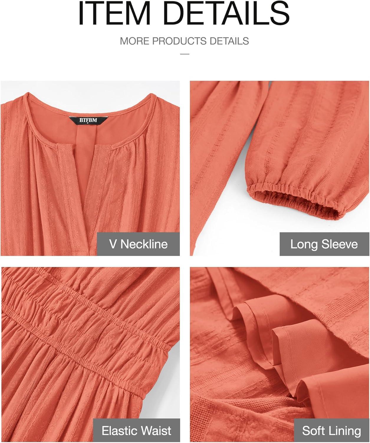 imageBTFBM Spring Dresses for Women 2026 Casual Long Sleeve V Neck Elastic Waist Lightweight Maxi Wedding Guest Dress PocketsOrange