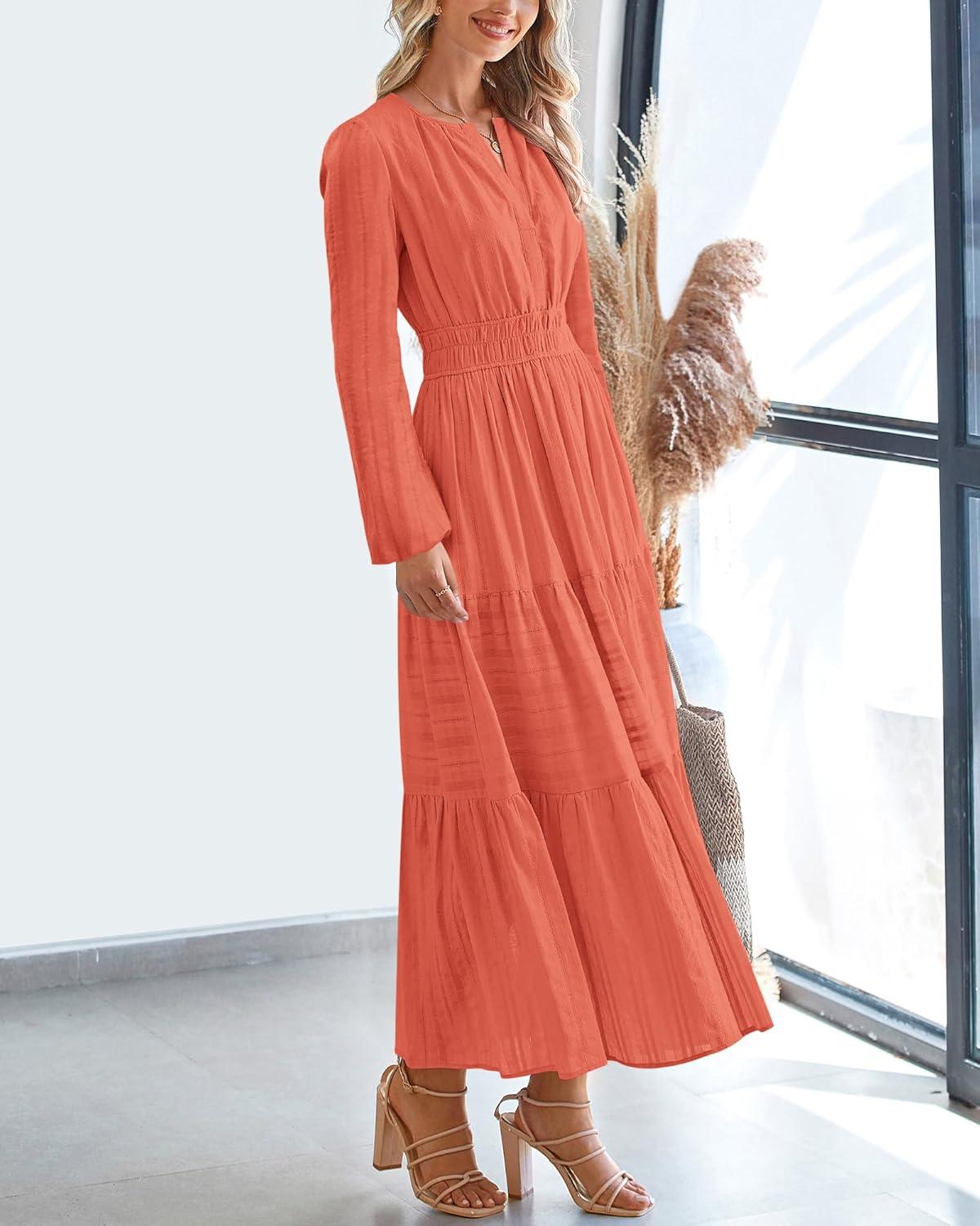 imageBTFBM Spring Dresses for Women 2026 Casual Long Sleeve V Neck Elastic Waist Lightweight Maxi Wedding Guest Dress PocketsOrange