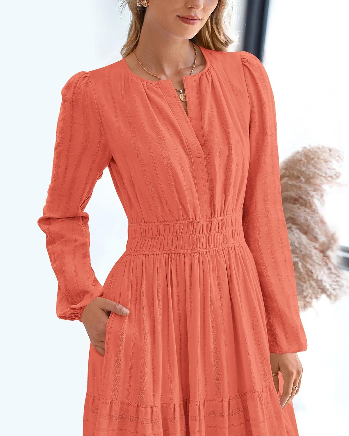imageBTFBM Spring Dresses for Women 2026 Casual Long Sleeve V Neck Elastic Waist Lightweight Maxi Wedding Guest Dress PocketsOrange