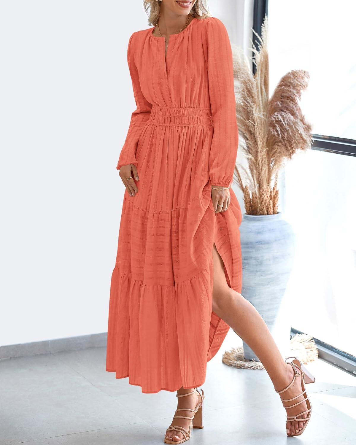 imageBTFBM Spring Dresses for Women 2026 Casual Long Sleeve V Neck Elastic Waist Lightweight Maxi Wedding Guest Dress PocketsOrange