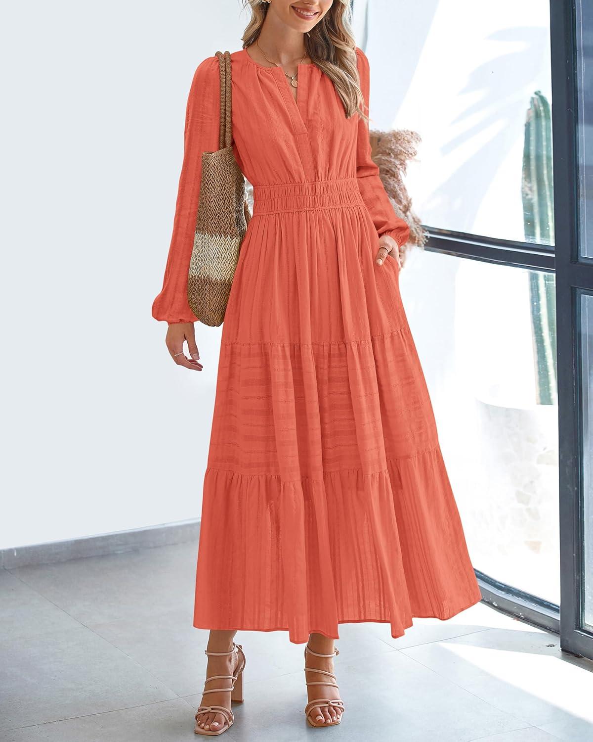 imageBTFBM Spring Dresses for Women 2026 Casual Long Sleeve V Neck Elastic Waist Lightweight Maxi Wedding Guest Dress PocketsOrange