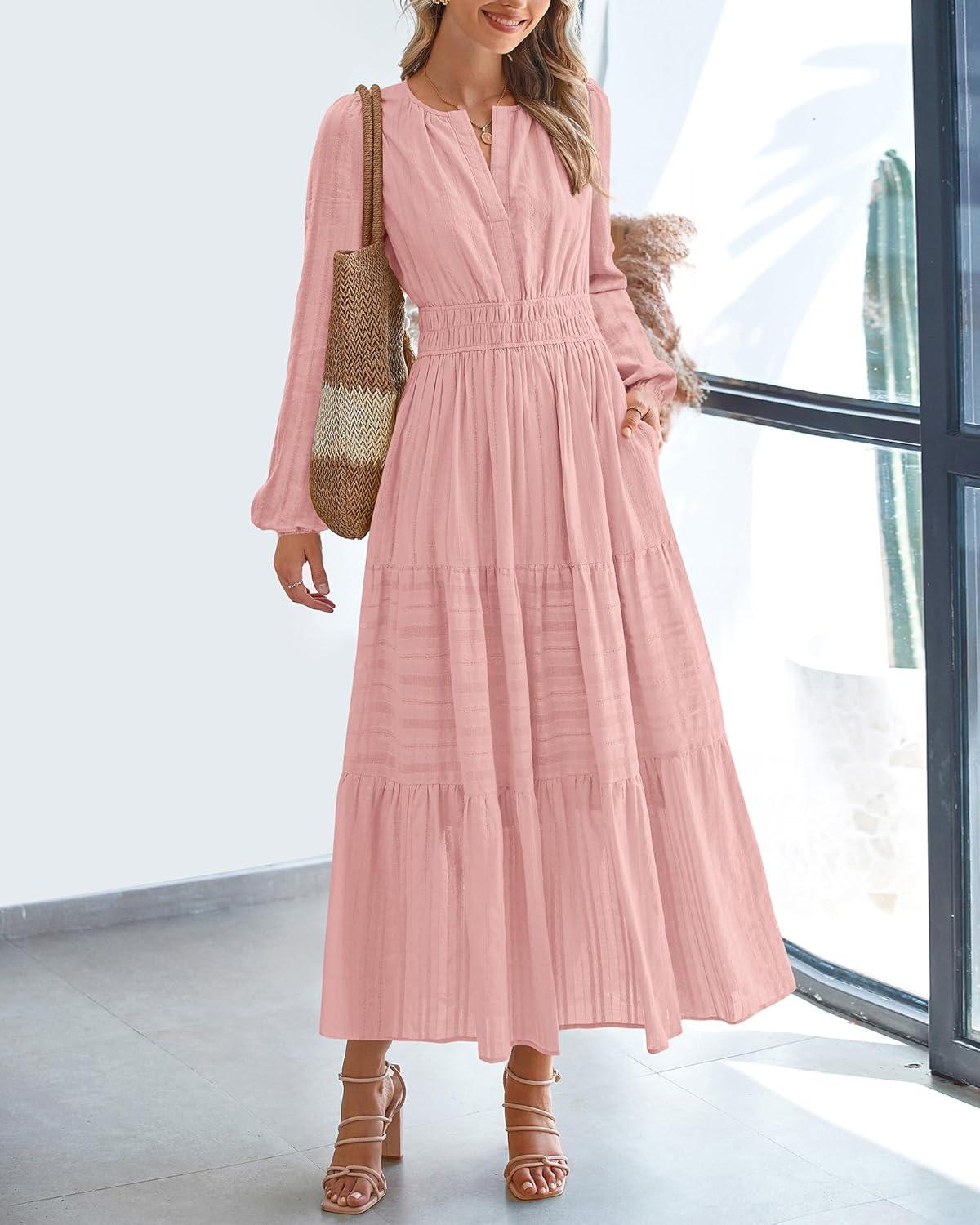 imageBTFBM Spring Dresses for Women 2026 Casual Long Sleeve V Neck Elastic Waist Lightweight Maxi Wedding Guest Dress PocketsPink