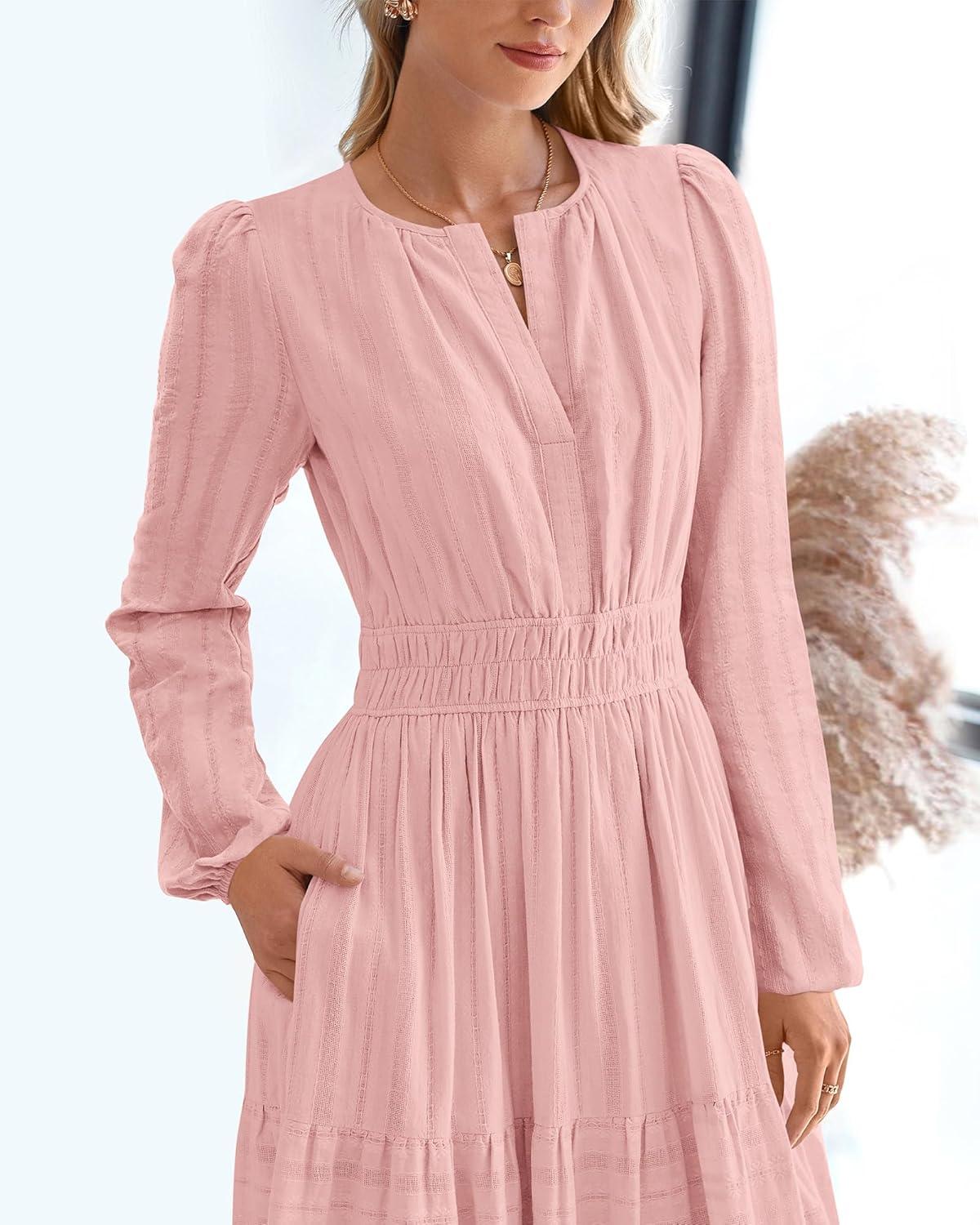 imageBTFBM Spring Dresses for Women 2026 Casual Long Sleeve V Neck Elastic Waist Lightweight Maxi Wedding Guest Dress PocketsPink