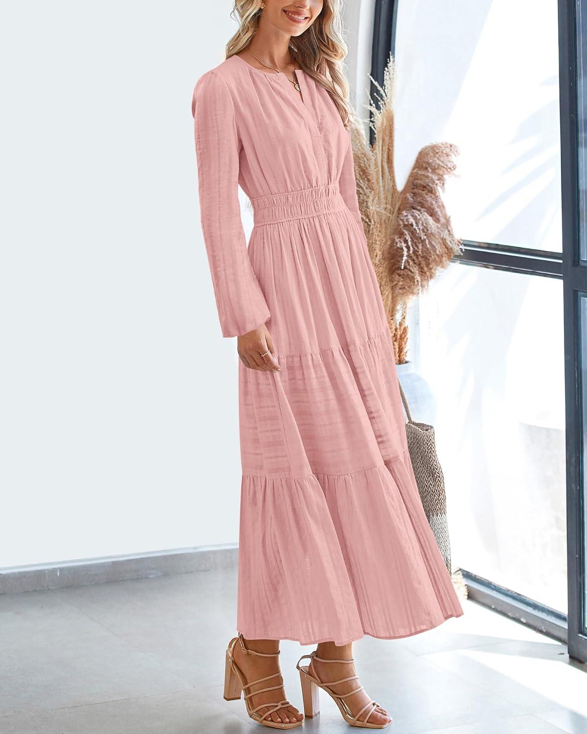 imageBTFBM Spring Dresses for Women 2026 Casual Long Sleeve V Neck Elastic Waist Lightweight Maxi Wedding Guest Dress PocketsPink