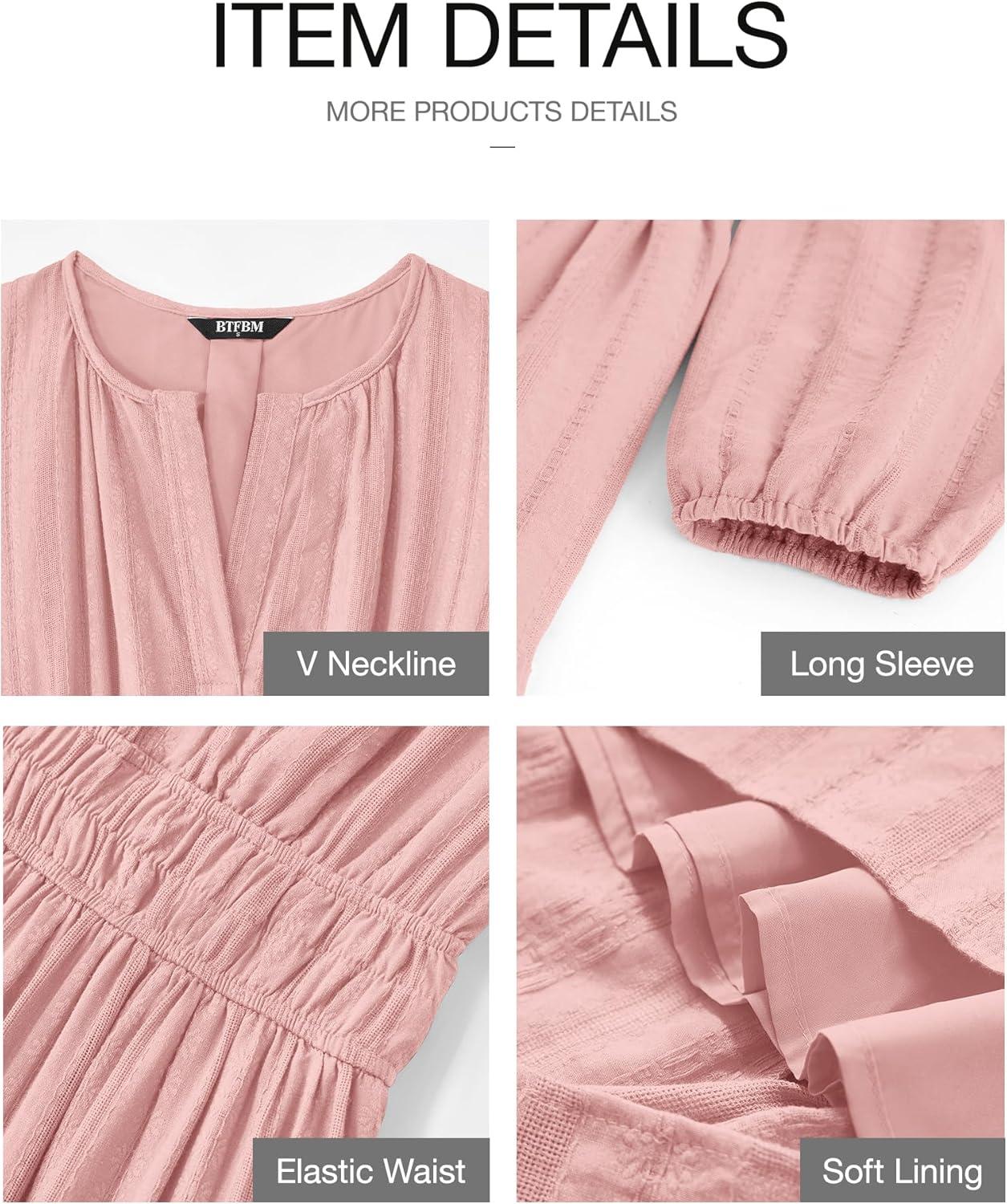 imageBTFBM Spring Dresses for Women 2026 Casual Long Sleeve V Neck Elastic Waist Lightweight Maxi Wedding Guest Dress PocketsPink