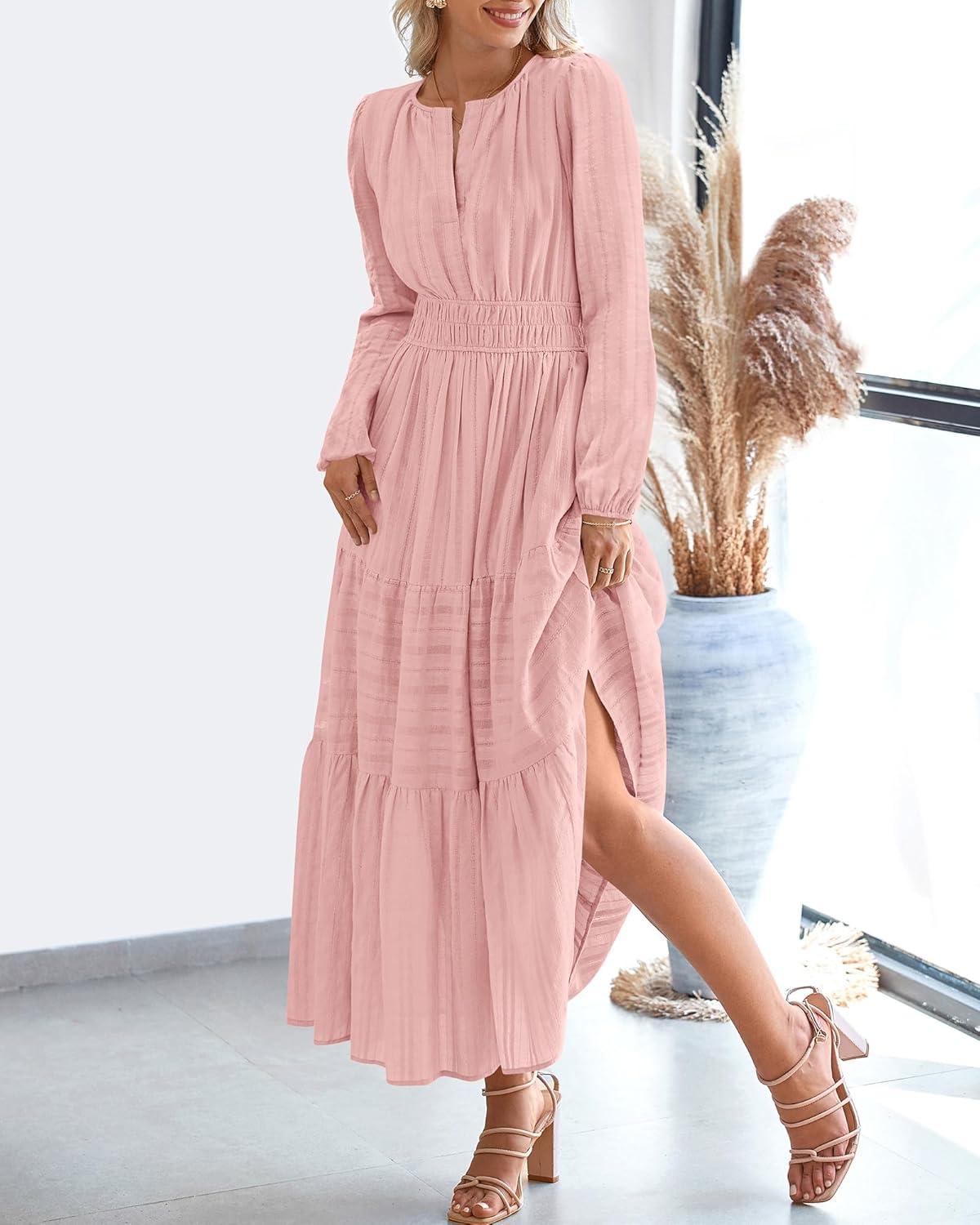 imageBTFBM Spring Dresses for Women 2026 Casual Long Sleeve V Neck Elastic Waist Lightweight Maxi Wedding Guest Dress PocketsPink
