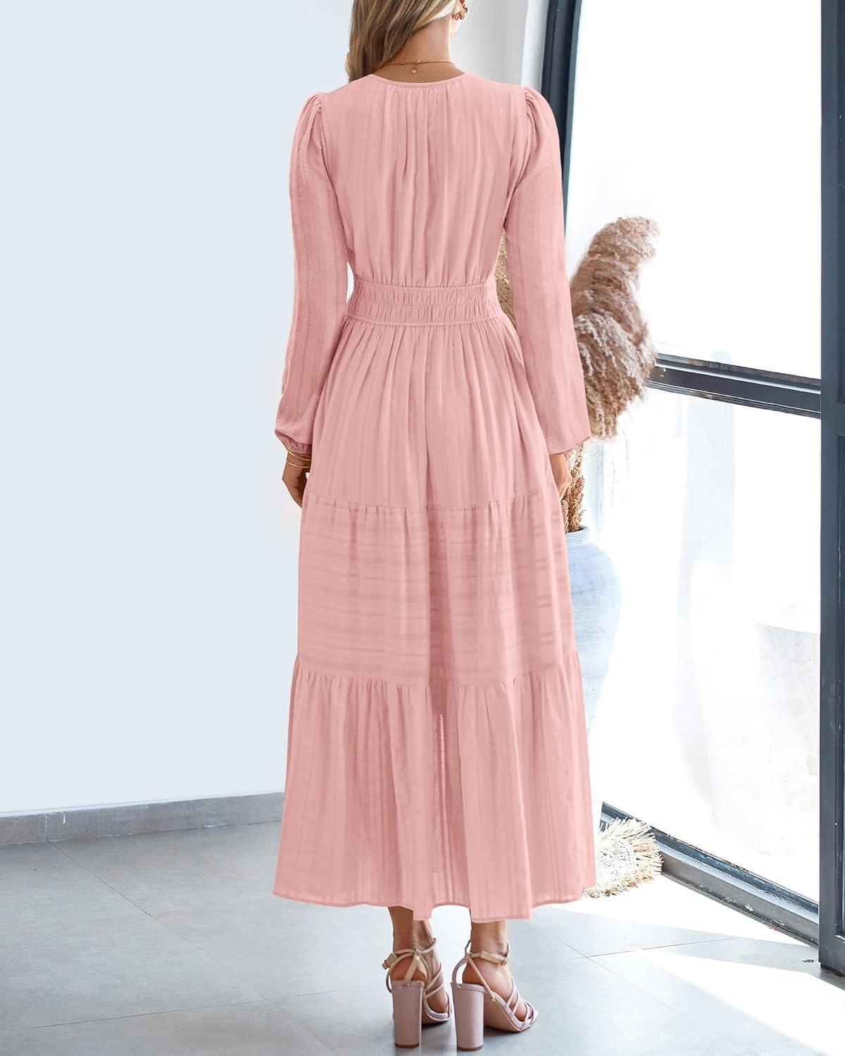 imageBTFBM Spring Dresses for Women 2026 Casual Long Sleeve V Neck Elastic Waist Lightweight Maxi Wedding Guest Dress PocketsPink