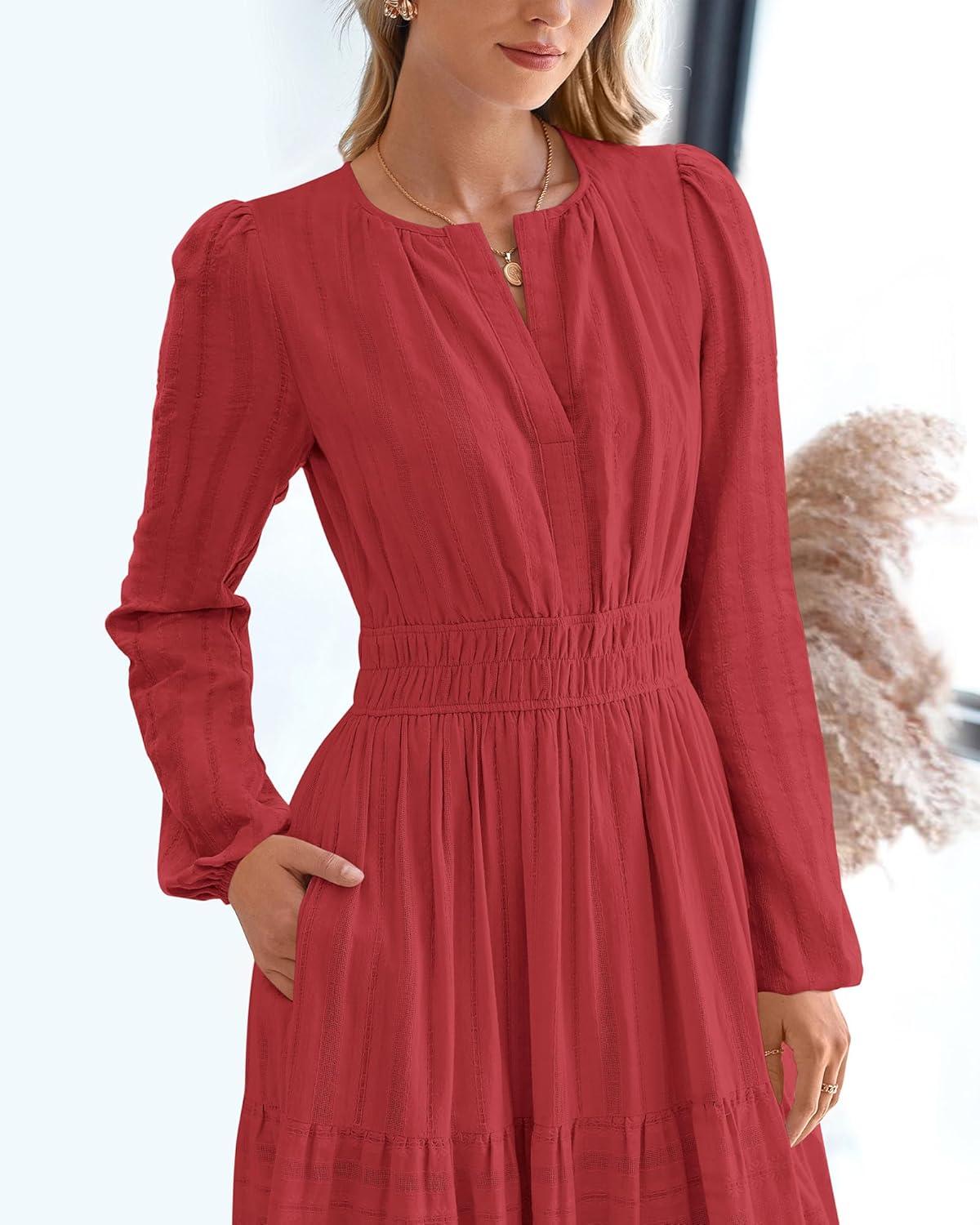 imageBTFBM Spring Dresses for Women 2026 Casual Long Sleeve V Neck Elastic Waist Lightweight Maxi Wedding Guest Dress PocketsRed
