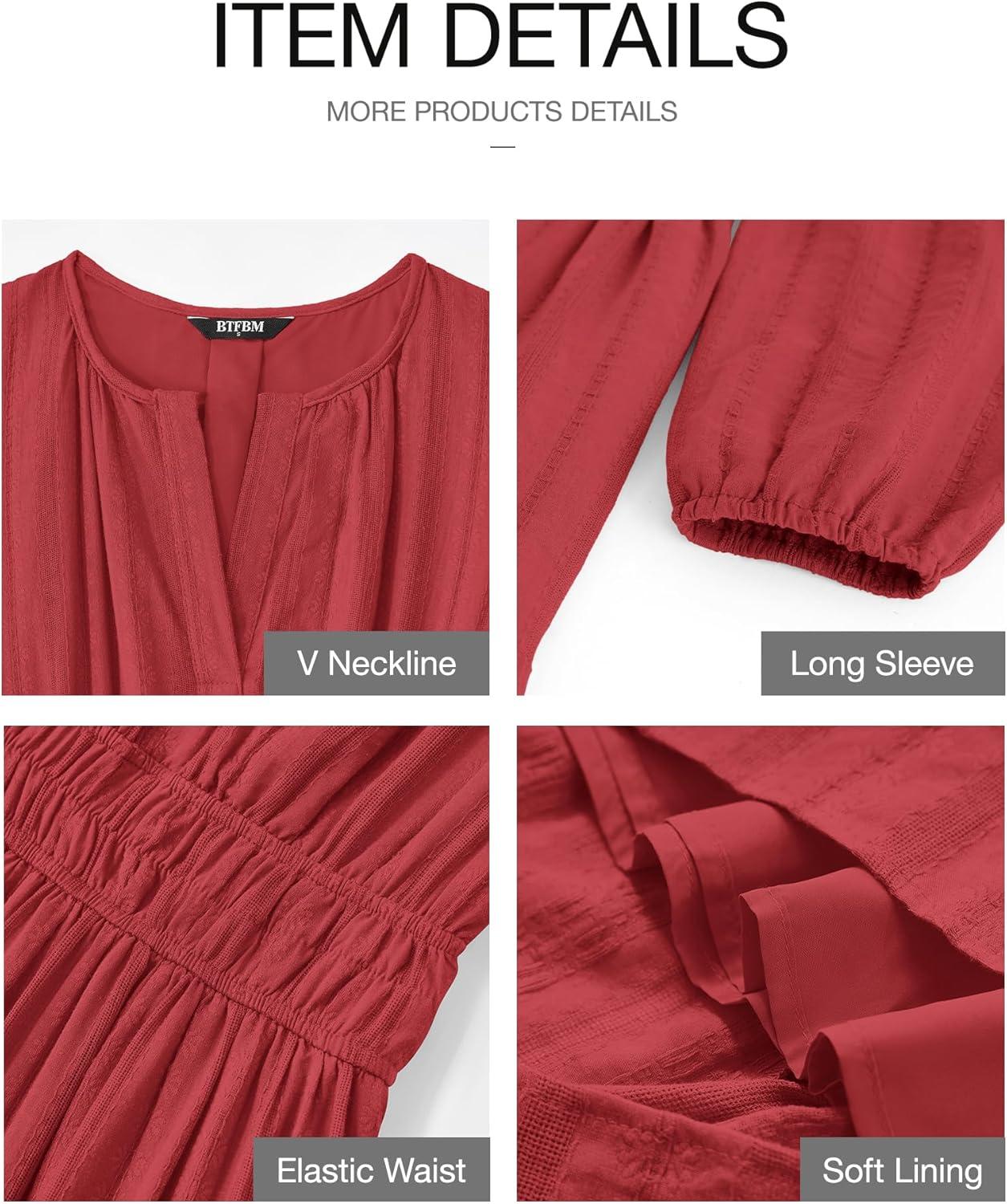 imageBTFBM Spring Dresses for Women 2026 Casual Long Sleeve V Neck Elastic Waist Lightweight Maxi Wedding Guest Dress PocketsRed
