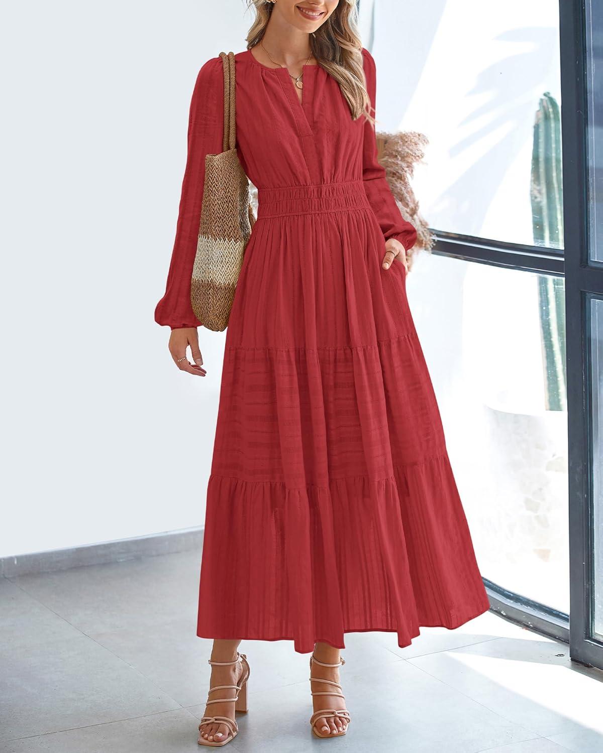 imageBTFBM Spring Dresses for Women 2026 Casual Long Sleeve V Neck Elastic Waist Lightweight Maxi Wedding Guest Dress PocketsRed