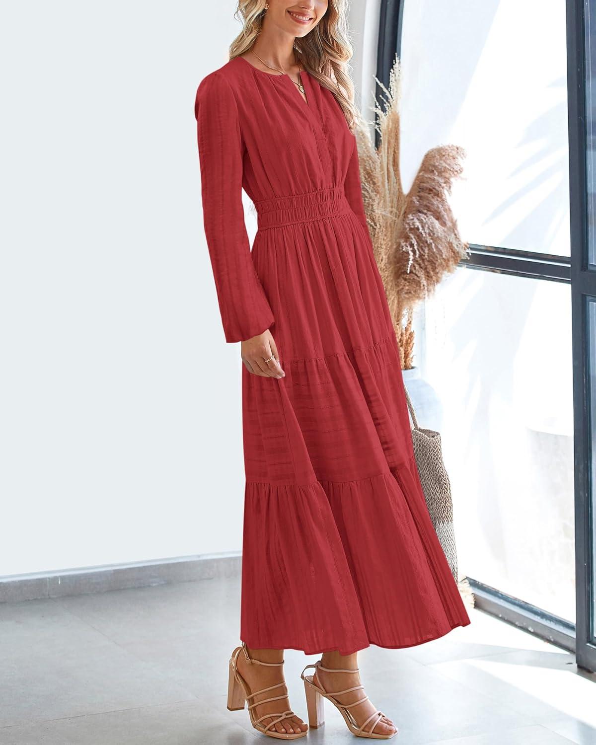 imageBTFBM Spring Dresses for Women 2026 Casual Long Sleeve V Neck Elastic Waist Lightweight Maxi Wedding Guest Dress PocketsRed