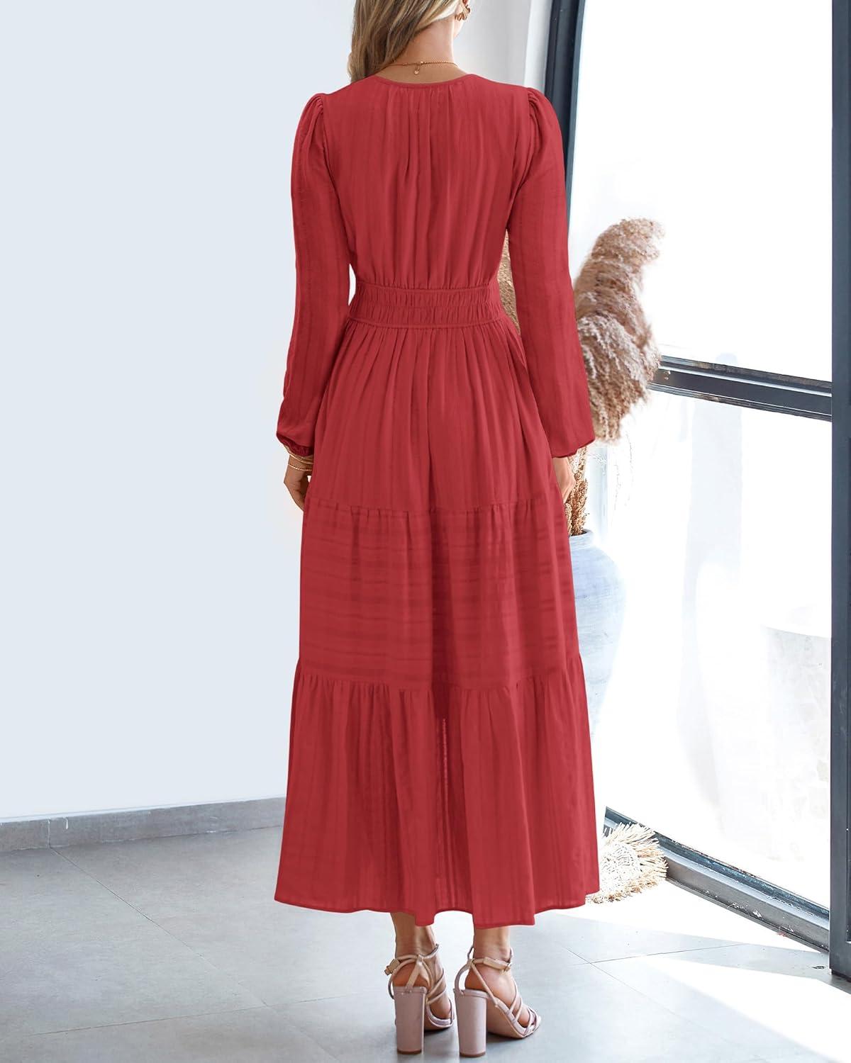 imageBTFBM Spring Dresses for Women 2026 Casual Long Sleeve V Neck Elastic Waist Lightweight Maxi Wedding Guest Dress PocketsRed