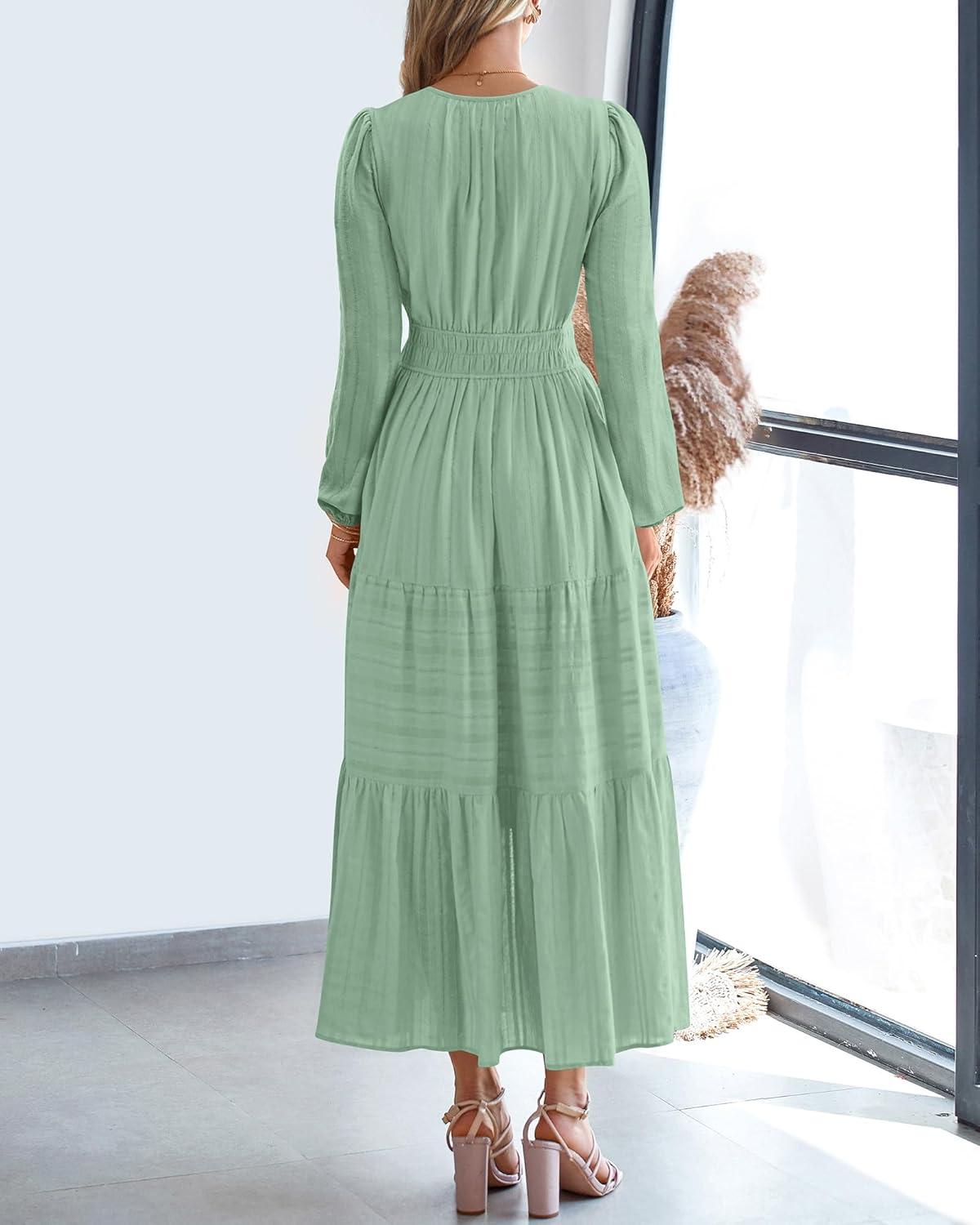 imageBTFBM Spring Dresses for Women 2026 Casual Long Sleeve V Neck Elastic Waist Lightweight Maxi Wedding Guest Dress PocketsSage Green