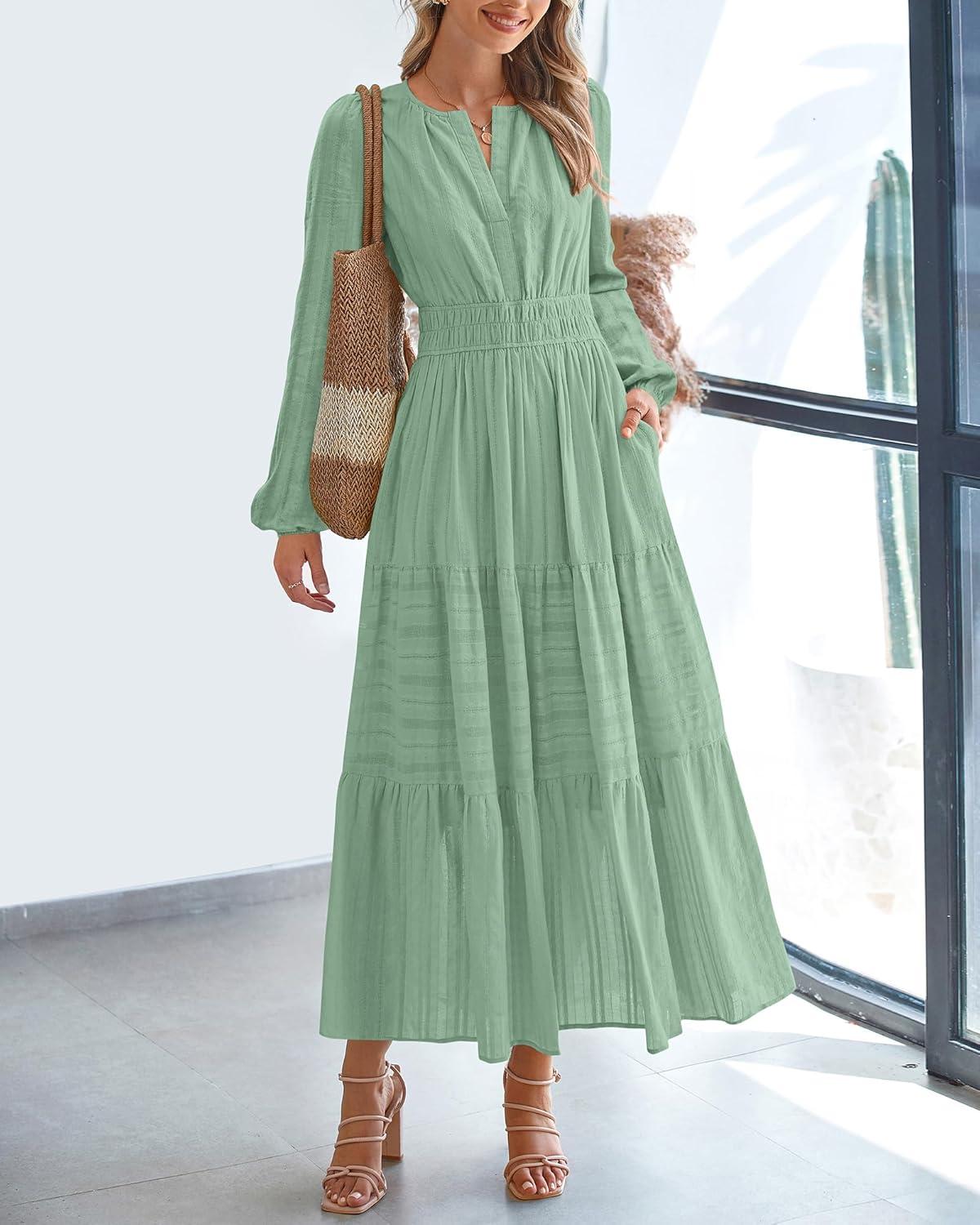 imageBTFBM Spring Dresses for Women 2026 Casual Long Sleeve V Neck Elastic Waist Lightweight Maxi Wedding Guest Dress PocketsSage Green