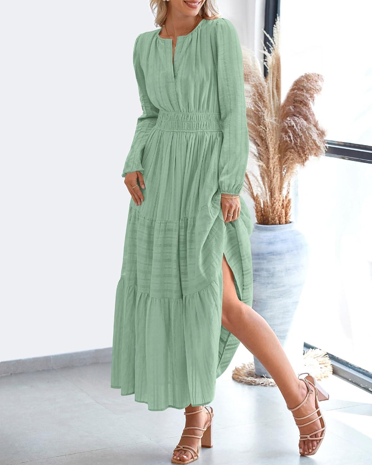imageBTFBM Spring Dresses for Women 2026 Casual Long Sleeve V Neck Elastic Waist Lightweight Maxi Wedding Guest Dress PocketsSage Green