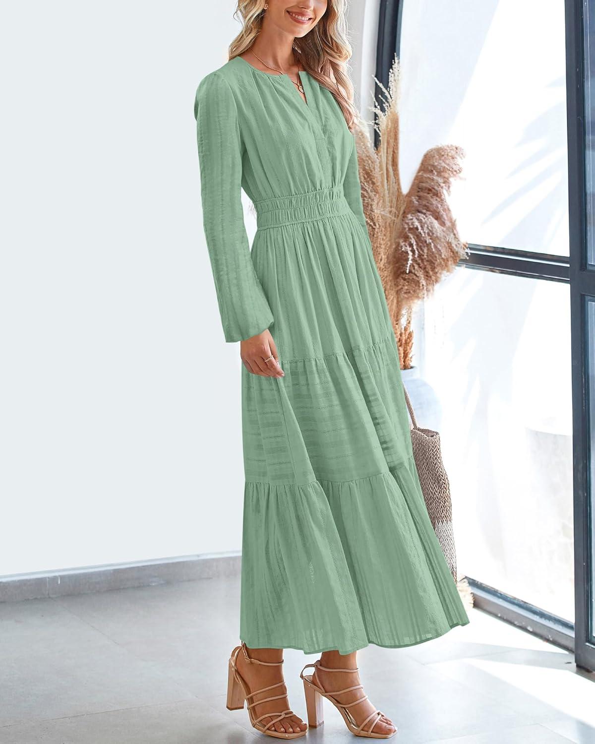 imageBTFBM Spring Dresses for Women 2026 Casual Long Sleeve V Neck Elastic Waist Lightweight Maxi Wedding Guest Dress PocketsSage Green